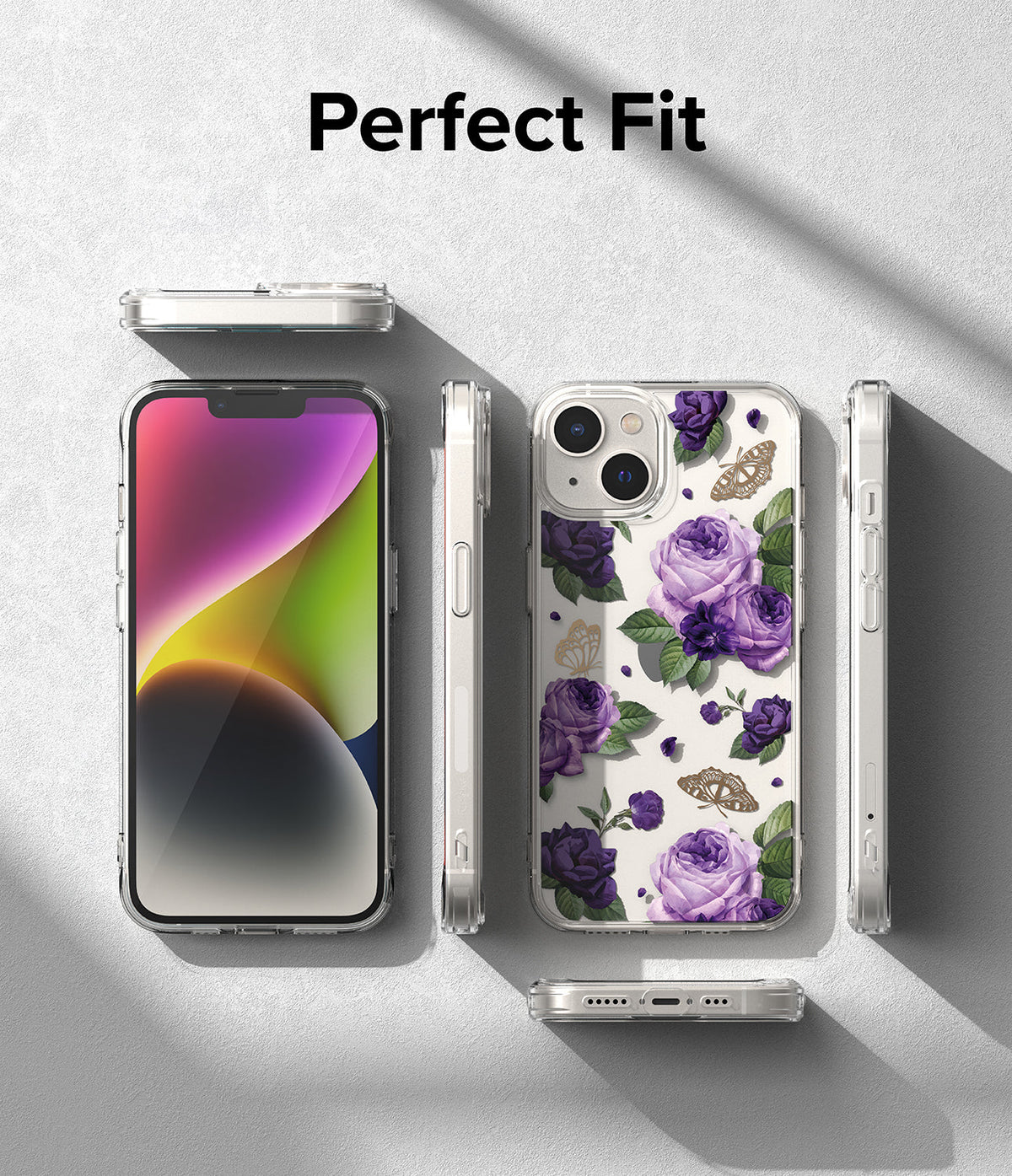iPhone 14 Case | Fusion Design - Clear phone case with purple roses and gold butterflies shown from multiple angles.