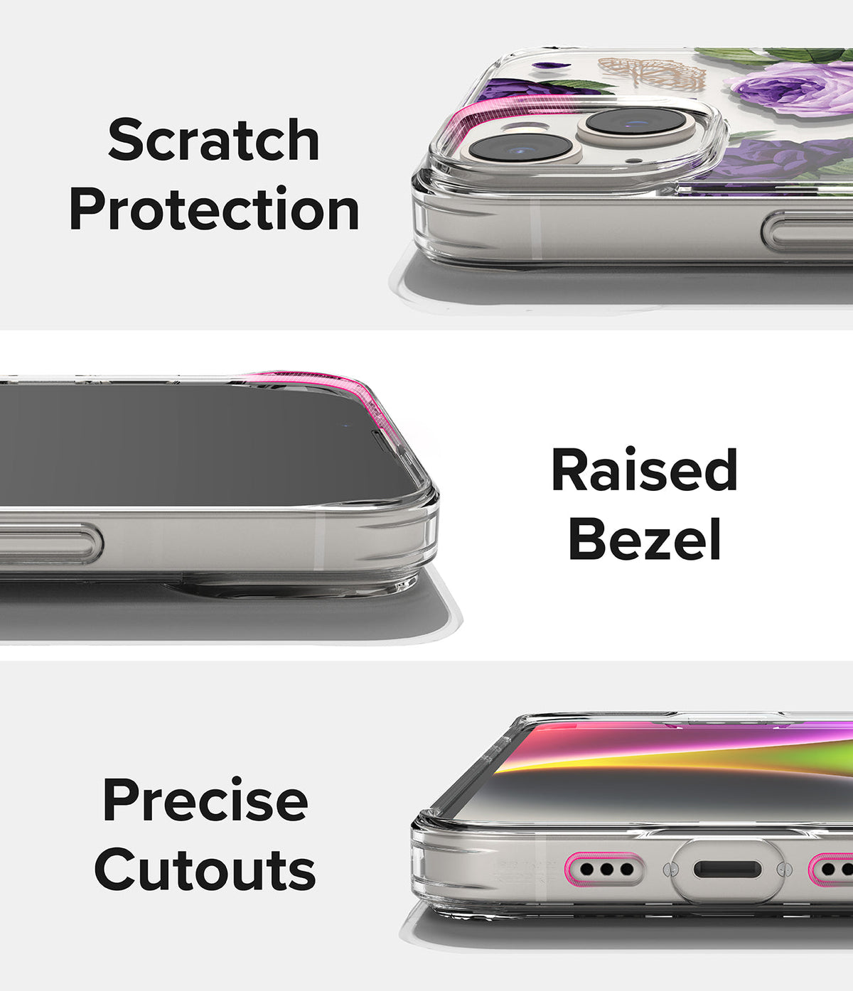 iPhone 14 Case | Fusion Design - Close-ups of a clear phone case highlighting camera protection, raised screen bezels, and precise port cutouts.