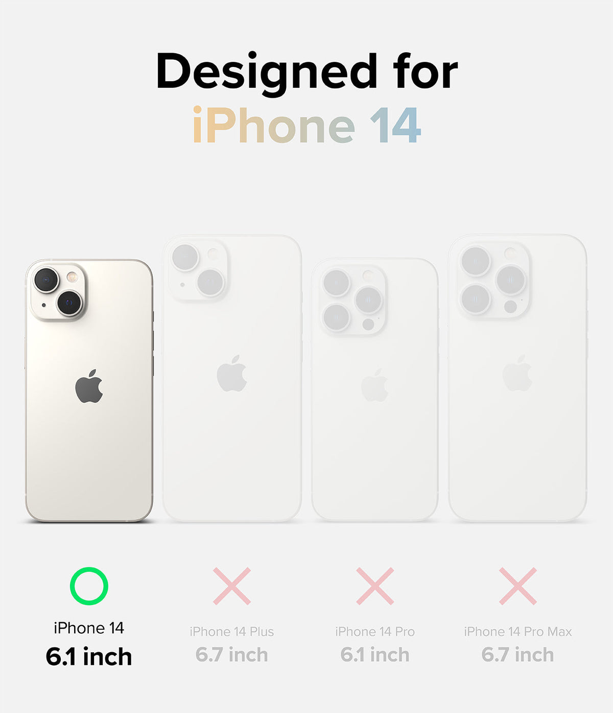 iPhone 14 Case | Fusion Design - Comparison chart showing iPhone 14 compatibility with a green checkmark versus other models.