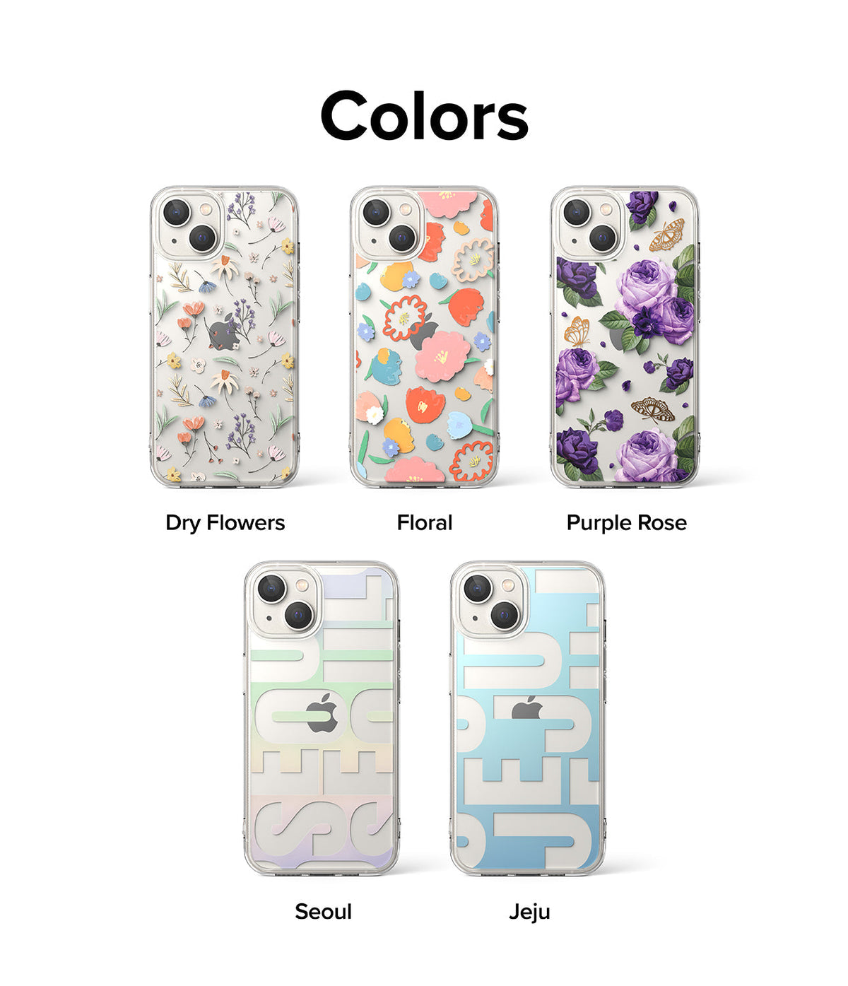 iPhone 14 Case | Fusion Design - Five clear iPhone 14 cases featuring floral, butterfly, and typography patterns labeled by style.