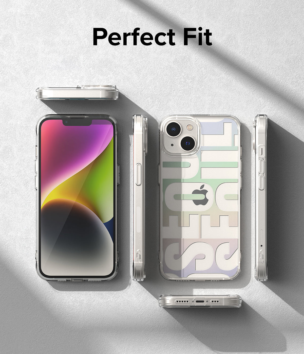 iPhone 14 Case | Fusion Design - Clear iPhone 14 case with pastel typography, shown from front, back, and side angles on a gray background.