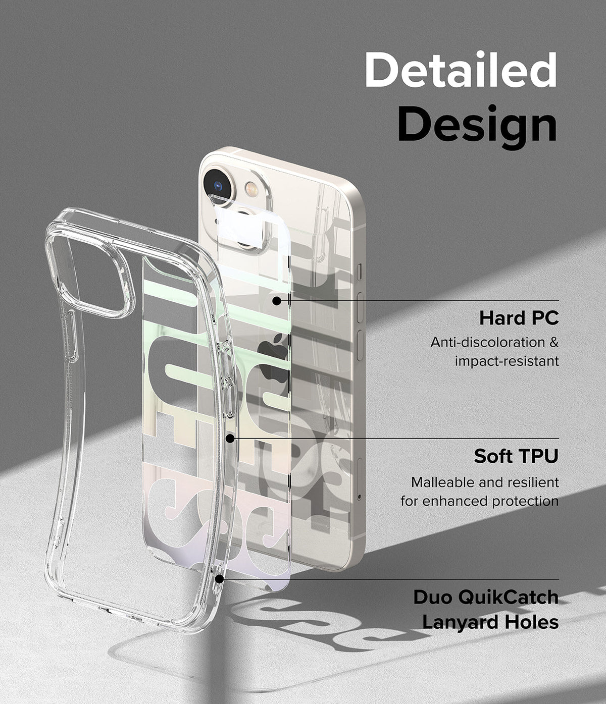 iPhone 14 Case | Fusion Design - Exploded view of a clear phone case showing hard PC, soft TPU, and lanyard hole features.