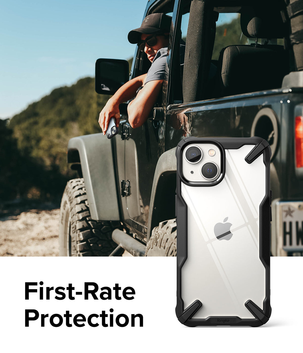 iPhone 14 Case | Fusion-X - Rugged black and clear phone case shown next to a man in a Jeep on a sunny trail.