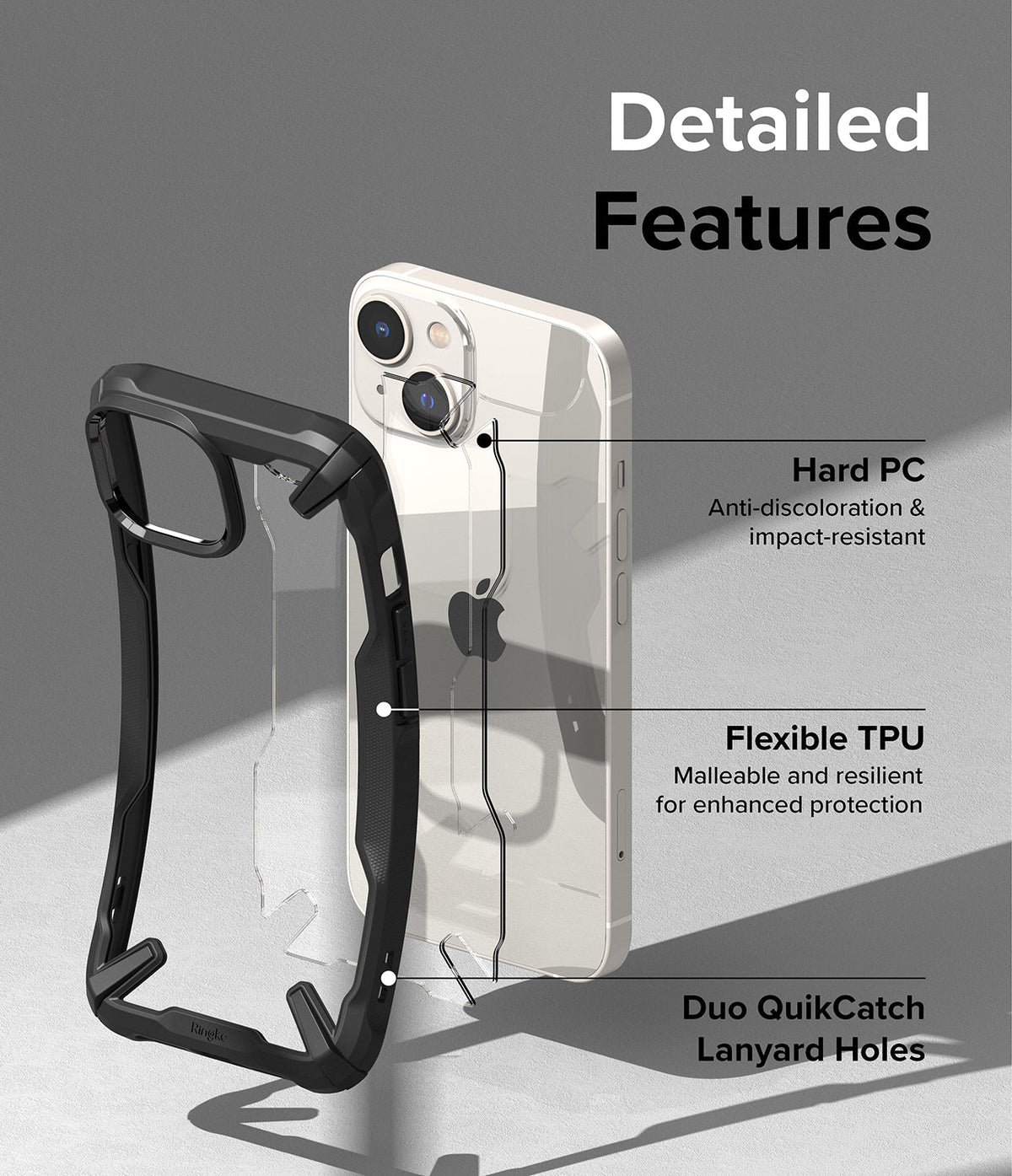 iPhone 14 Case | Fusion-X - Exploded view of iPhone 14 case showing hard PC, flexible TPU, and lanyard hole features.