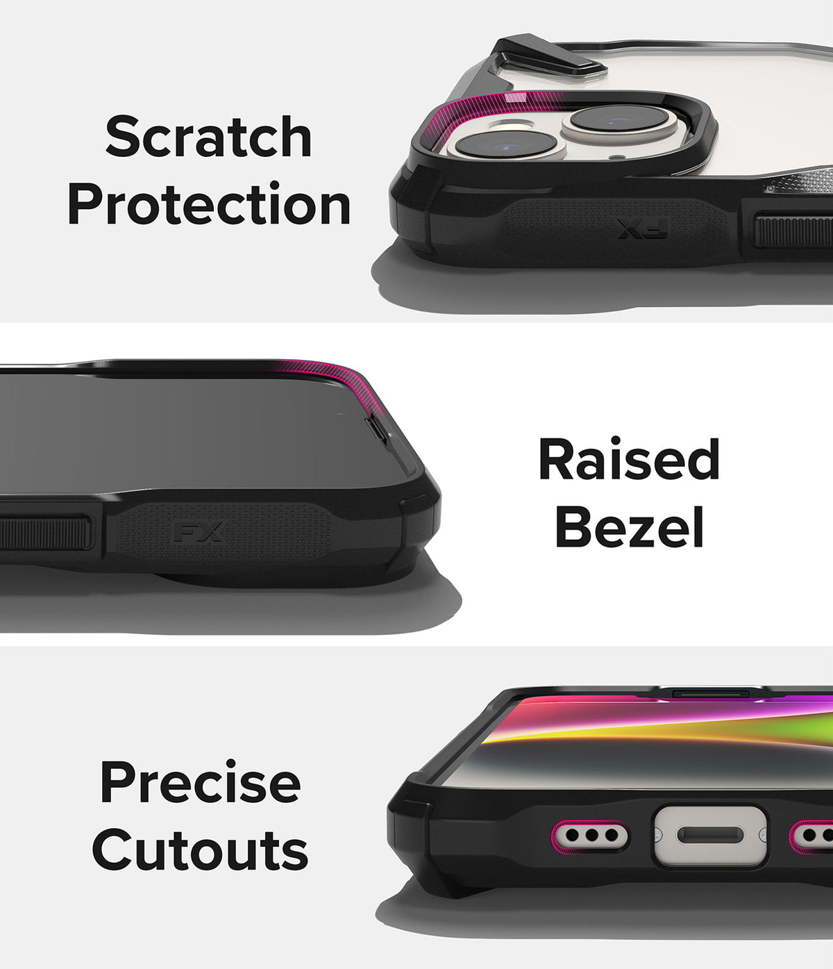 iPhone 14 Case | Fusion-X - Close-ups showing camera protection, raised screen bezels, and precise port cutouts on a black case.