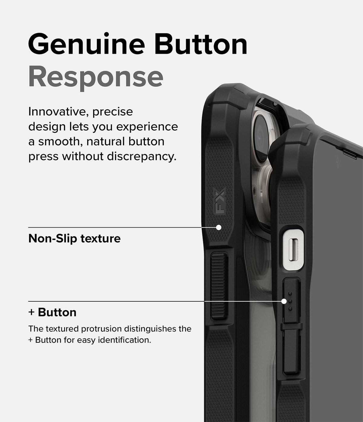 iPhone 14 Case | Fusion-X - Close-up of black phone case highlighting textured buttons and precise design for tactile response.