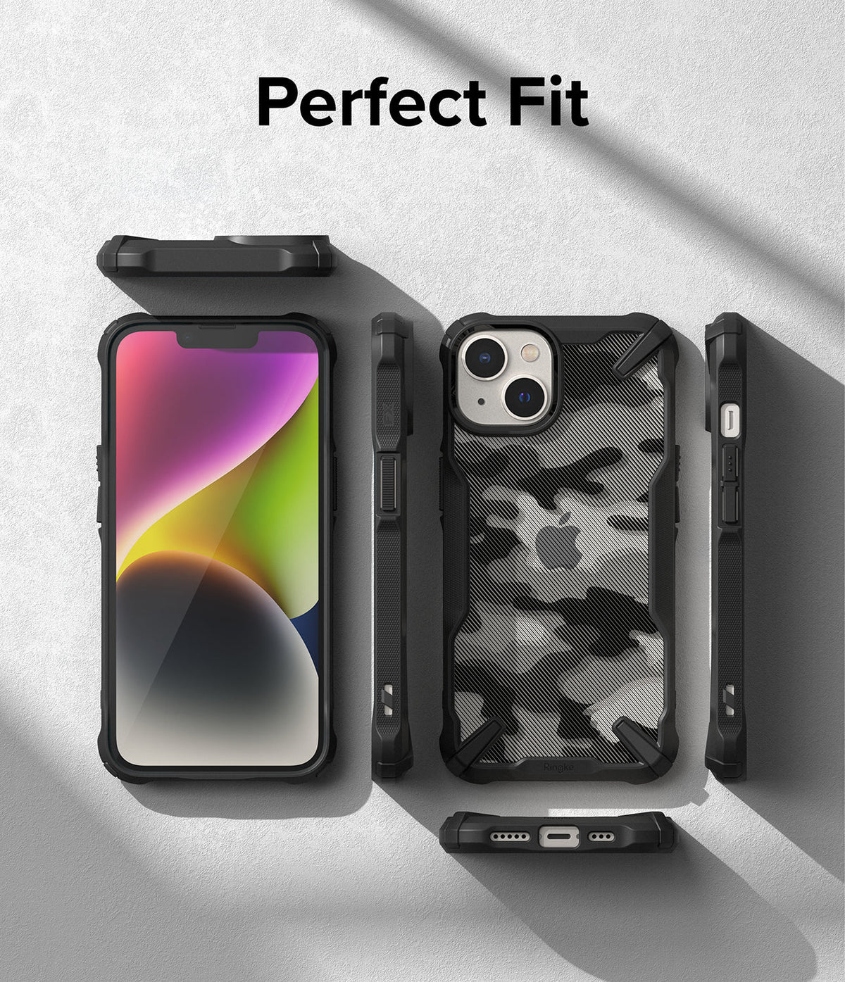 iPhone 14 Case | Fusion-X - iPhone 14 in a black camo Fusion-X case shown from multiple angles on a textured gray background.