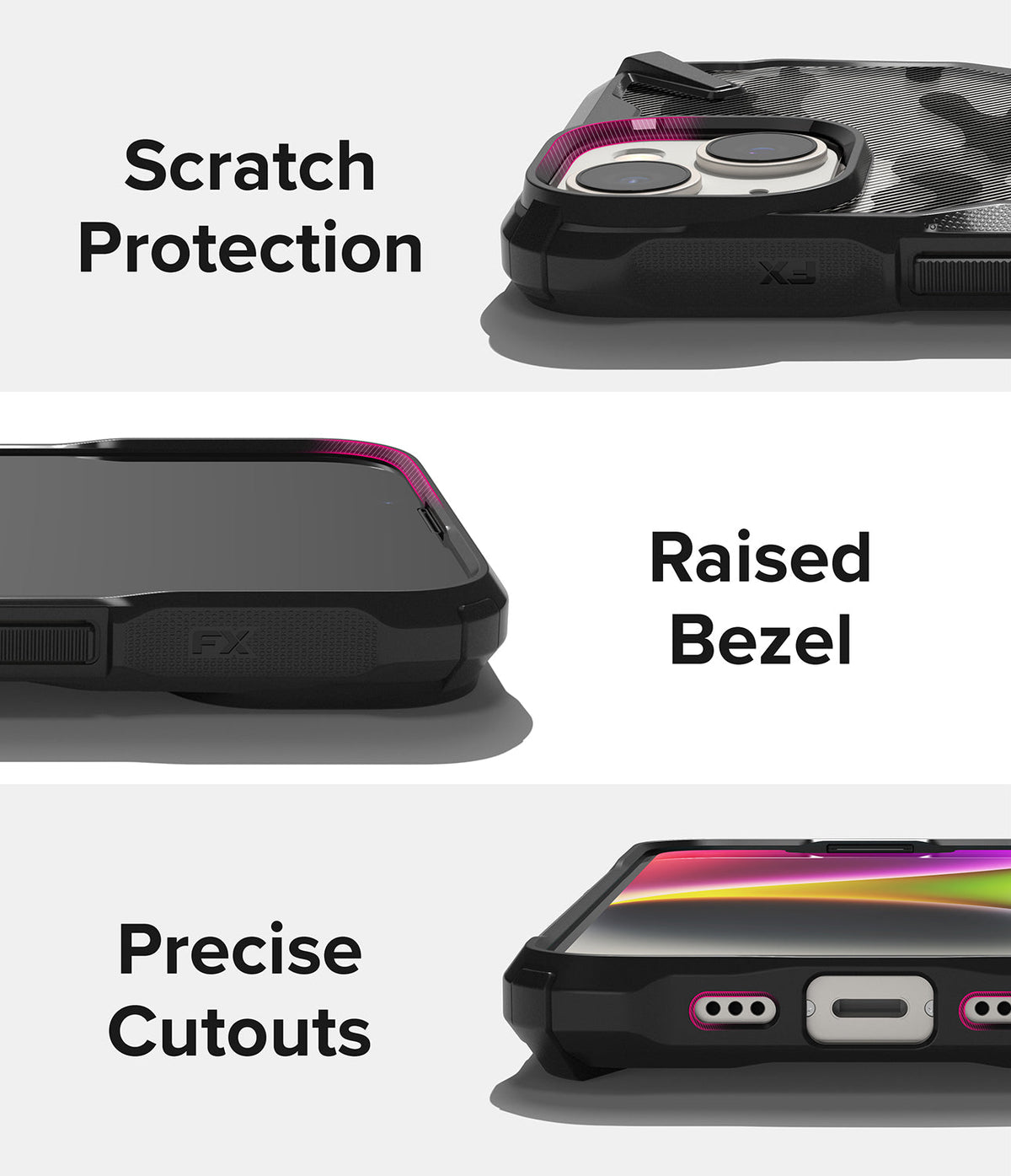 iPhone 14 Case | Fusion-X - Three close-up views showing scratch protection, raised bezels, and precise port cutouts.