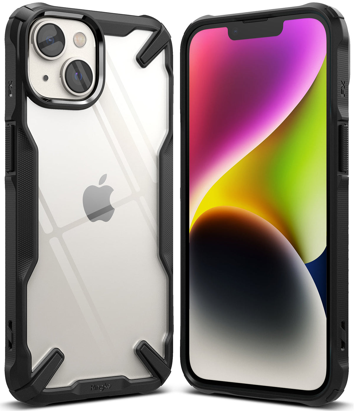 iPhone 14 Plus Case | Fusion-X - Clear protective case with black rugged bumpers shown from front and back angles.