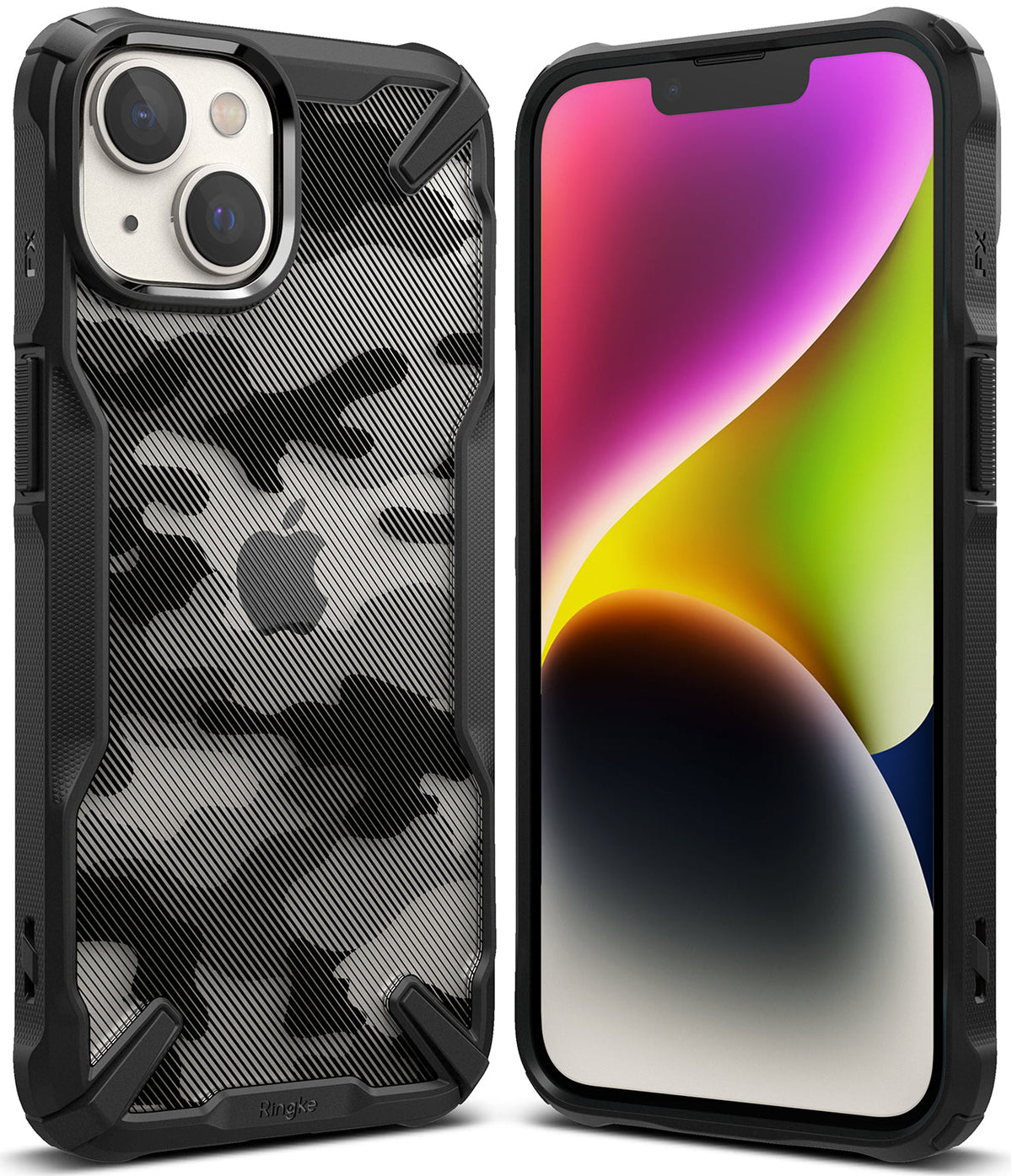 iPhone 14 Case | Fusion-X - Black camouflage iPhone 14 case with rugged bumpers and a clear back, shown from front and back views.