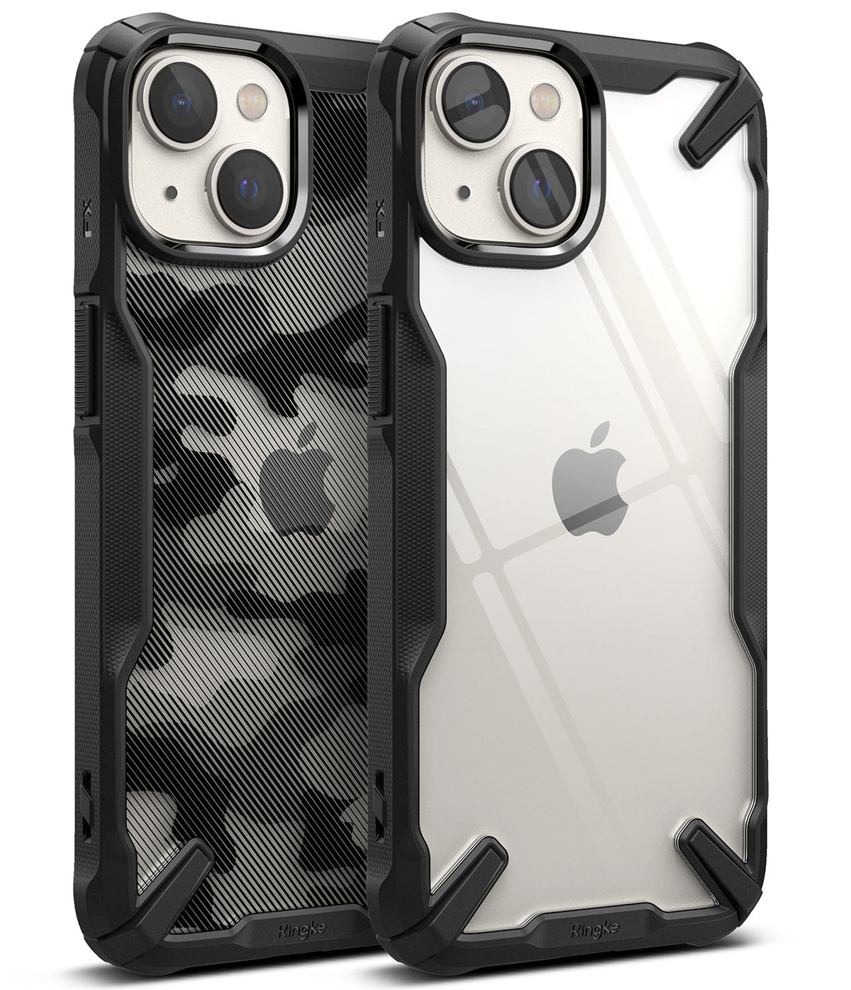 iPhone 14 Case | Fusion-X - Two iPhone 14 cases with black rugged bumpers, one with a camo pattern and one clear back.