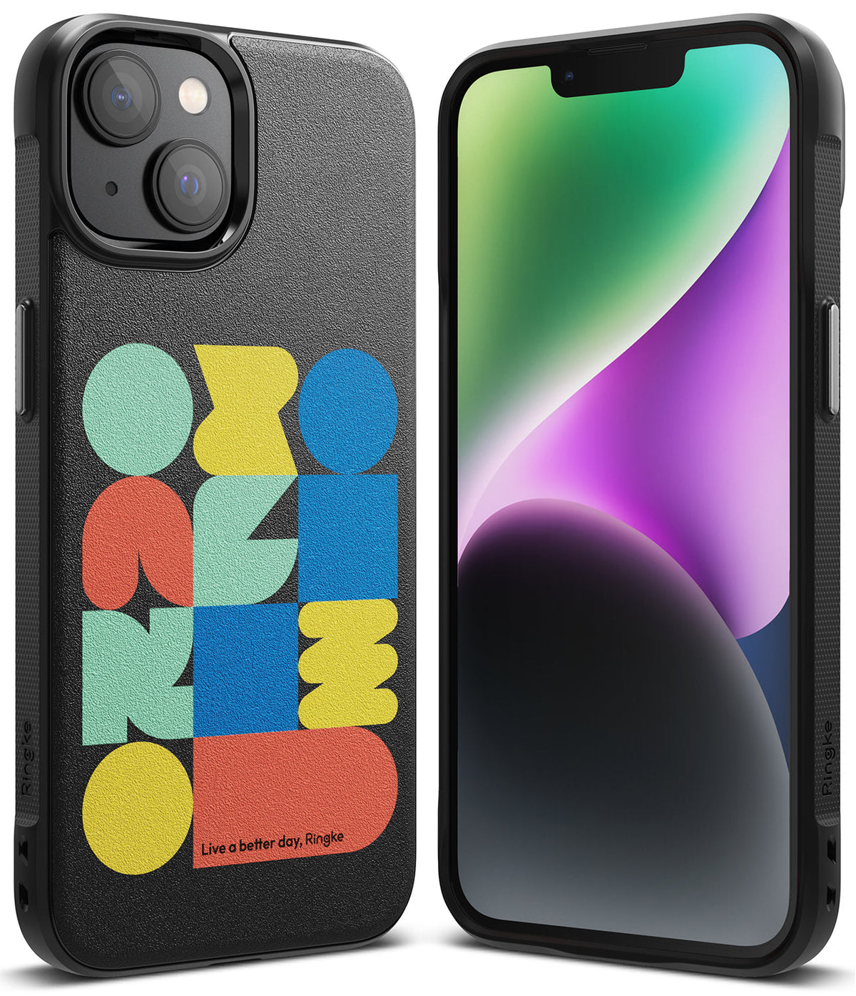 iPhone 14 Plus Case | Onyx Design - Black phone case with colorful geometric shapes and text on a textured back.