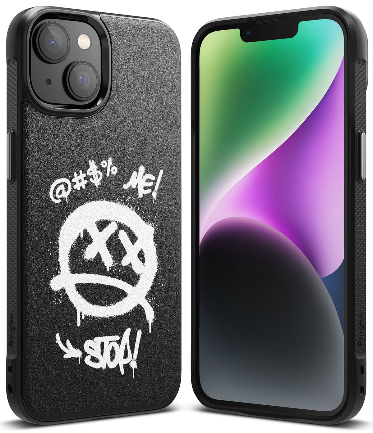 iPhone 14 Plus Case | Onyx Design - Black case with white graffiti-style smiley face and text on a textured back.