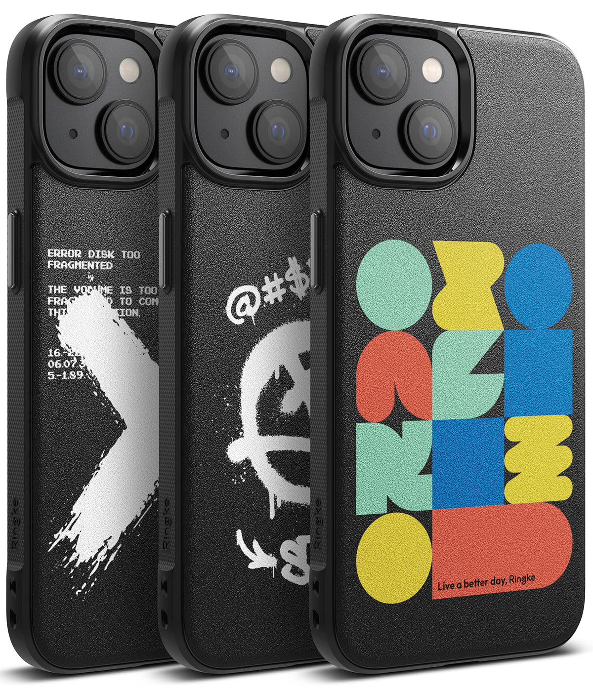 iPhone 14 Case | Onyx Design - Three black iPhone 14 cases with distinct white, graffiti, and colorful geometric graphic designs.