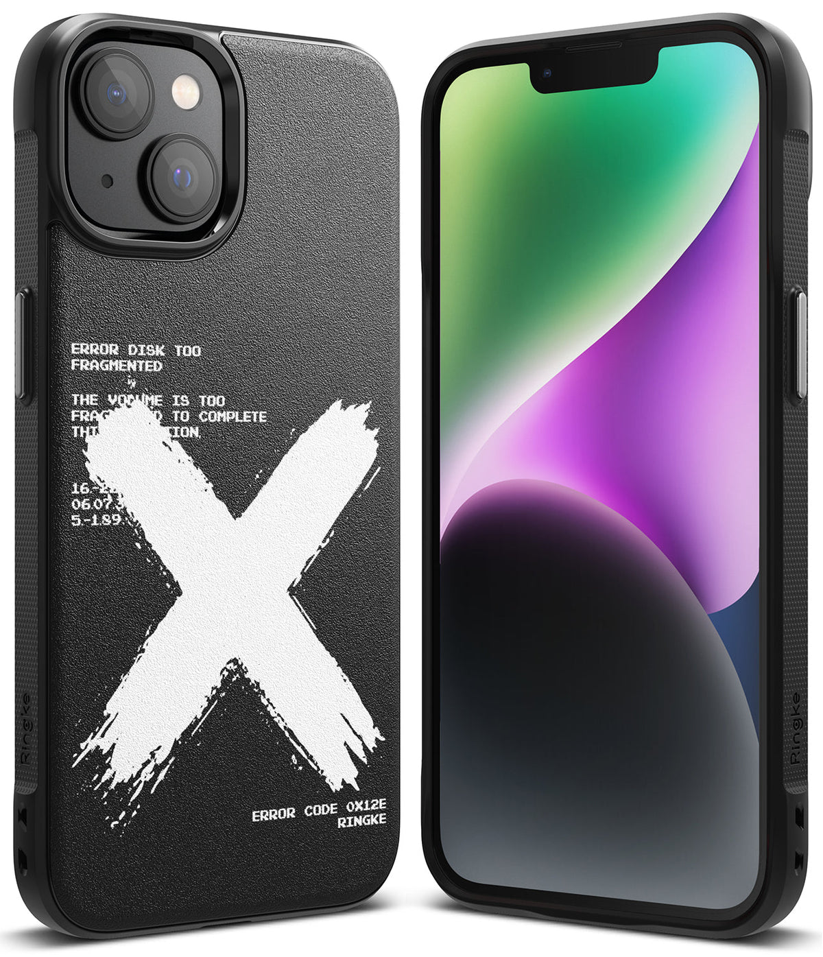 iPhone 14 Plus Case | Onyx Design - Black phone case with a large white brushstroke X and technical error text.