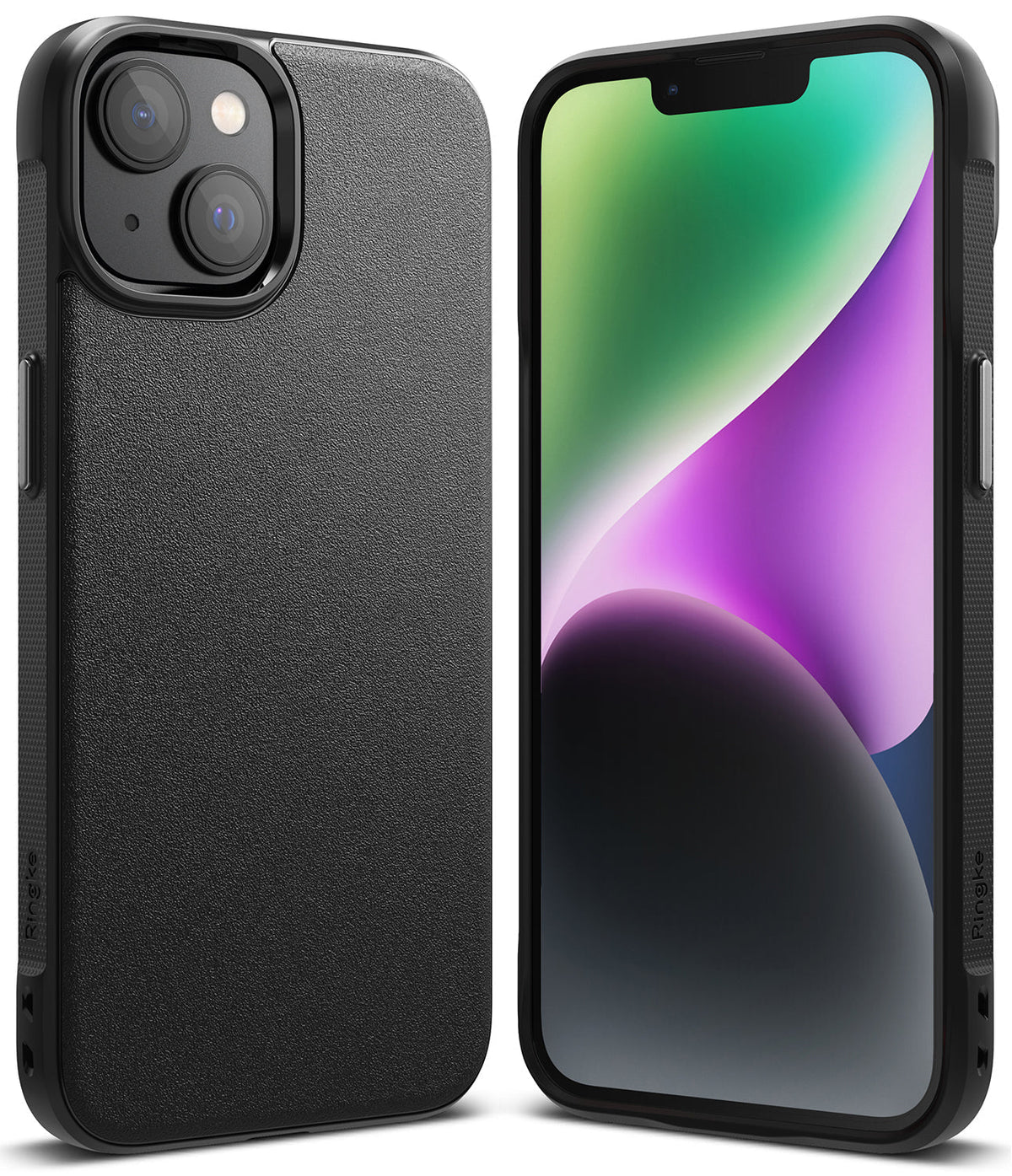 iPhone 14 Plus Case | Onyx - Black textured protective case shown from the back and front with a colorful abstract screen.