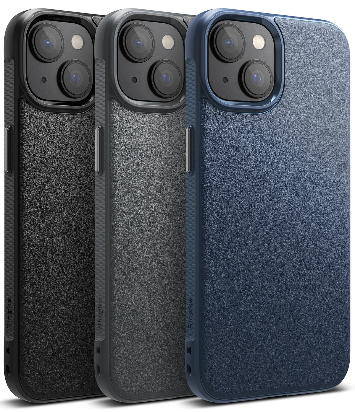 iPhone 14 Case | Onyx - Three textured iPhone 14 cases in black, gray, and navy blue arranged in a row.