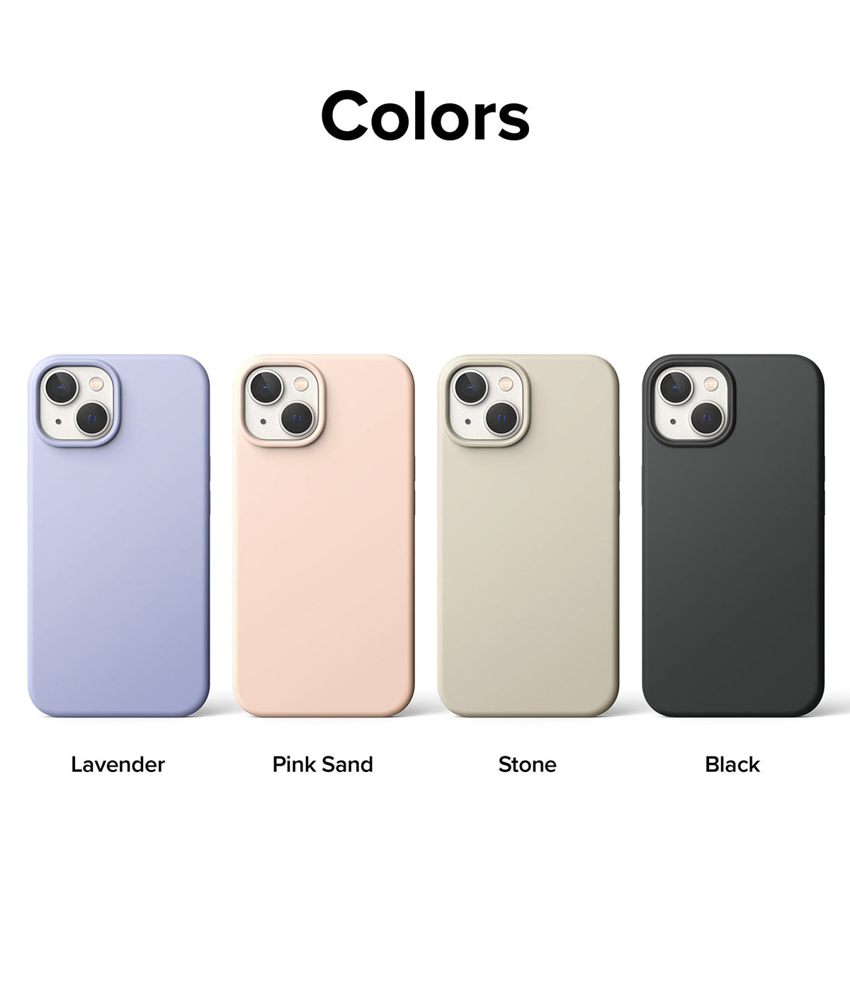 iPhone 14 Case | Silicone - Four iPhone 14 silicone cases in lavender, pink sand, stone, and black arranged in a row.