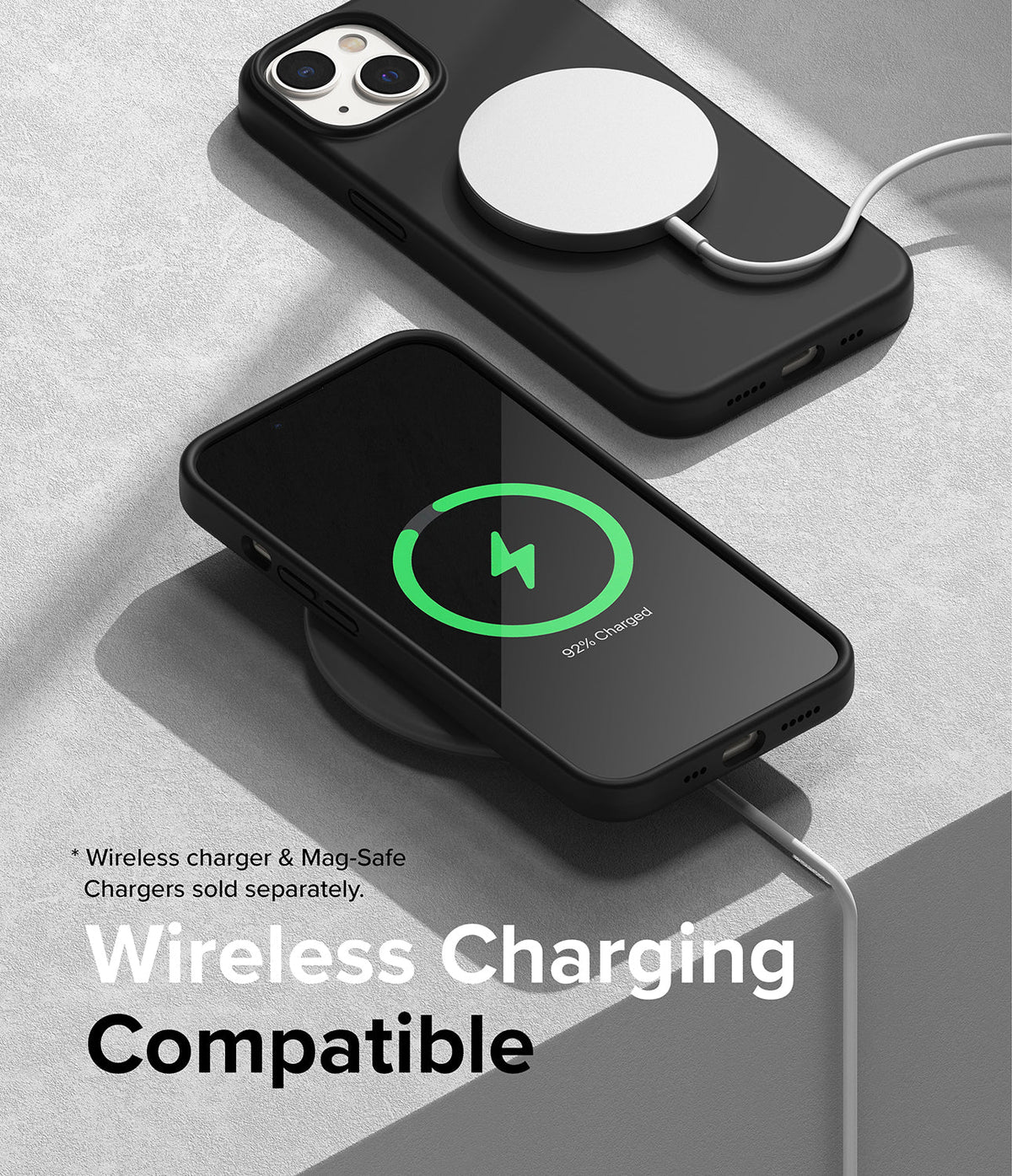 iPhone 14 Case | Silicone - Black iPhone 14 case with MagSafe charger attached and a phone wirelessly charging on a pad.