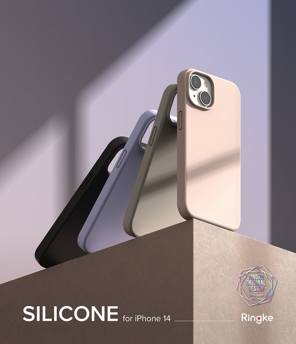 iPhone 14 Case | Silicone - Three silicone iPhone 14 cases in black, blue, and beige standing on a textured pedestal.