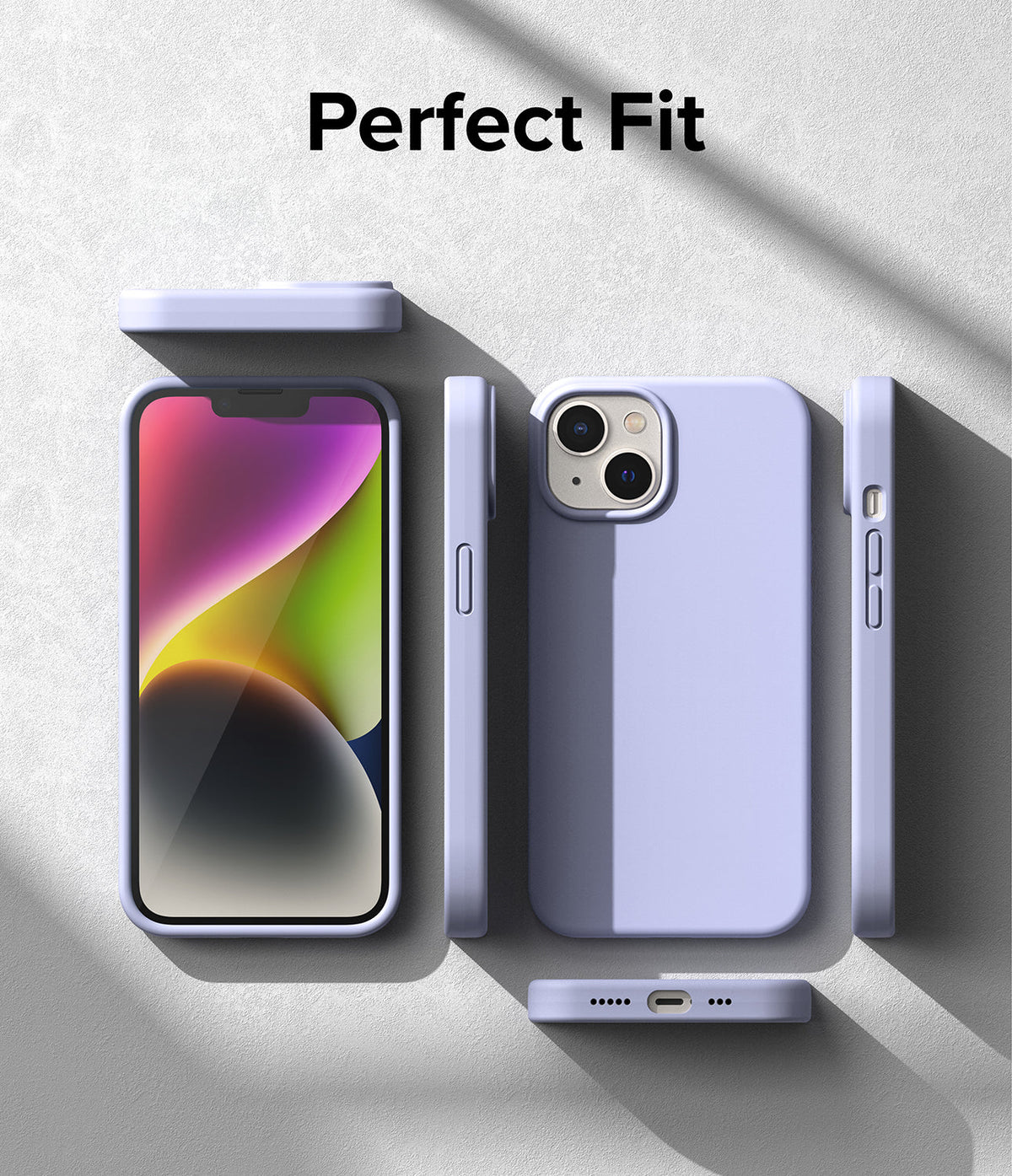 iPhone 14 Case | Silicone - Lavender silicone iPhone 14 case shown from multiple angles on a textured gray surface.