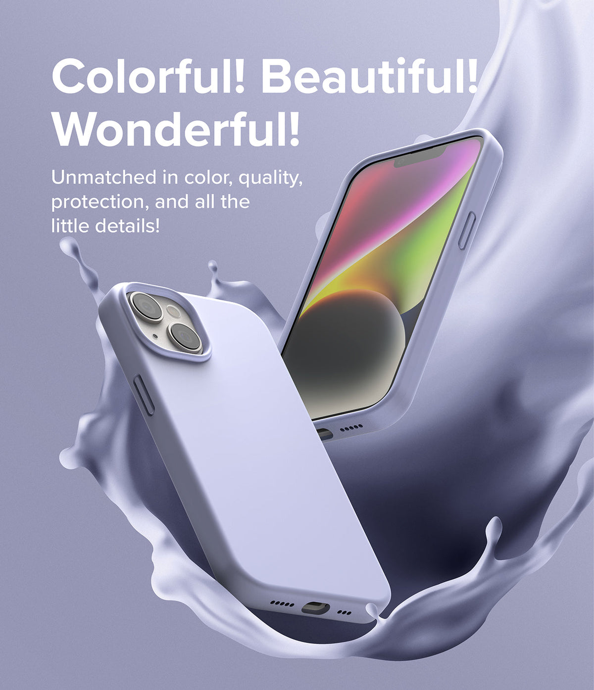 iPhone 14 Case | Silicone - Lavender iPhone 14 case floating amidst a splash of matching purple liquid against a soft background.
