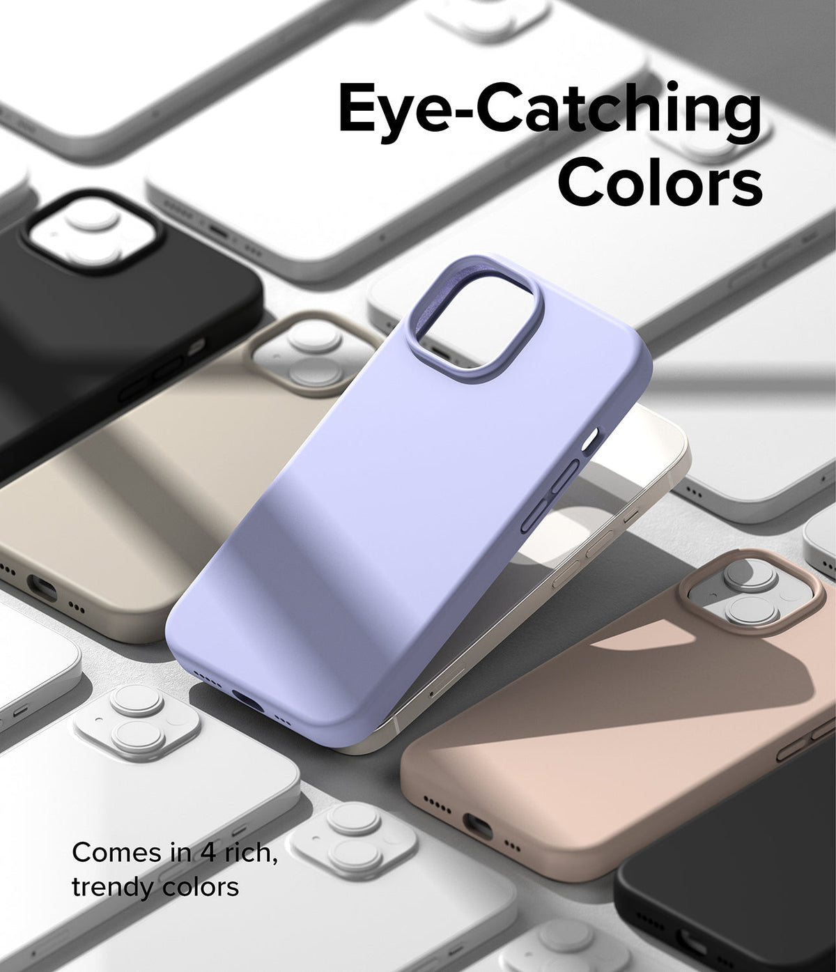 iPhone 14 Case | Silicone - Multiple silicone iPhone 14 cases in lavender, black, beige, and white arranged on a flat surface.
