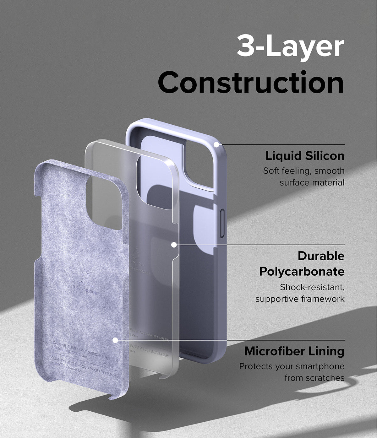 iPhone 14 Case | Silicone - Exploded view showing liquid silicone, polycarbonate, and microfiber layers of a phone case.