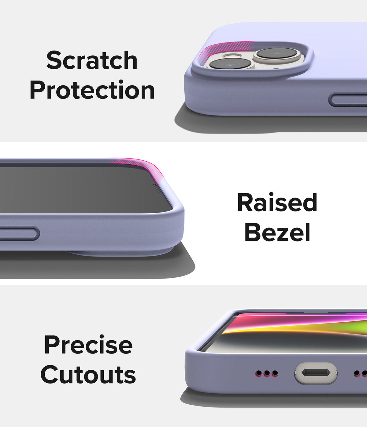iPhone 14 Case | Silicone - Three views showing scratch protection, raised screen bezels, and precise port cutouts.