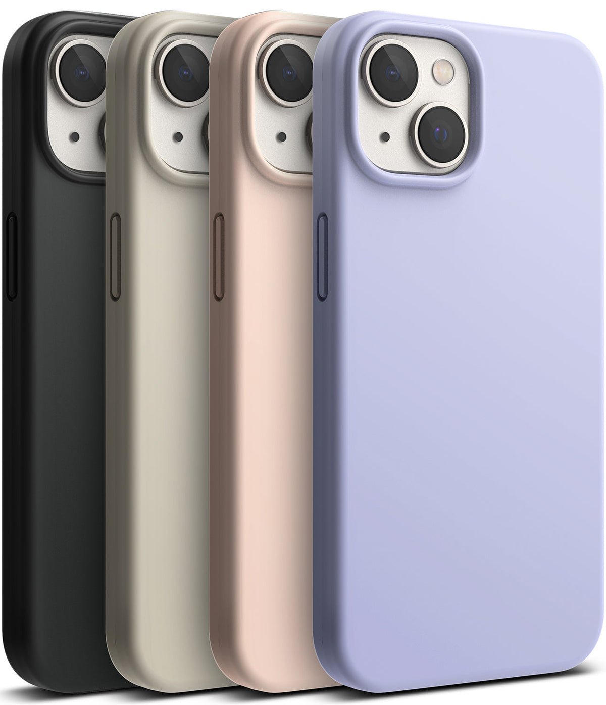 iPhone 14 Case | Silicone - Four iPhone 14 silicone cases in black, beige, pink, and lilac arranged in a row.