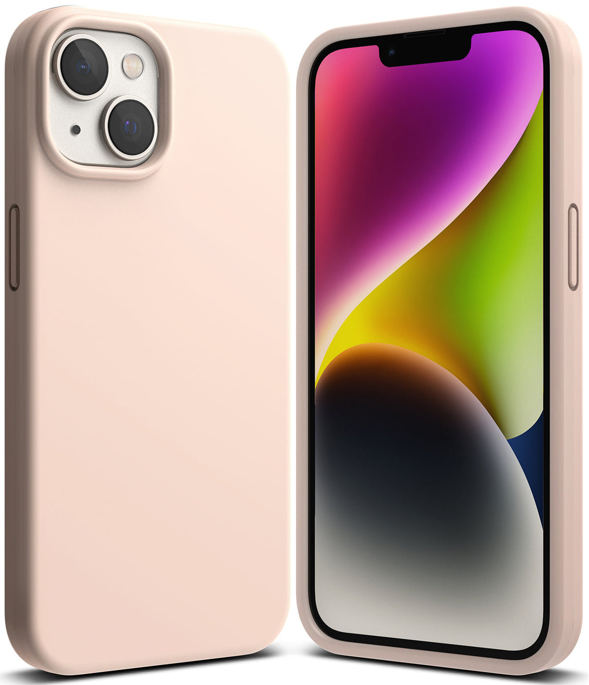 iPhone 14 Plus Case | Silicone - Light pink silicone case shown from the back and front on an iPhone 14 Plus.