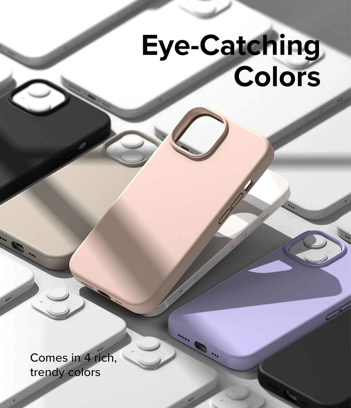 iPhone 14 Case | Silicone - Multiple iPhone 14 silicone cases in various colors arranged on a surface with text overlays.