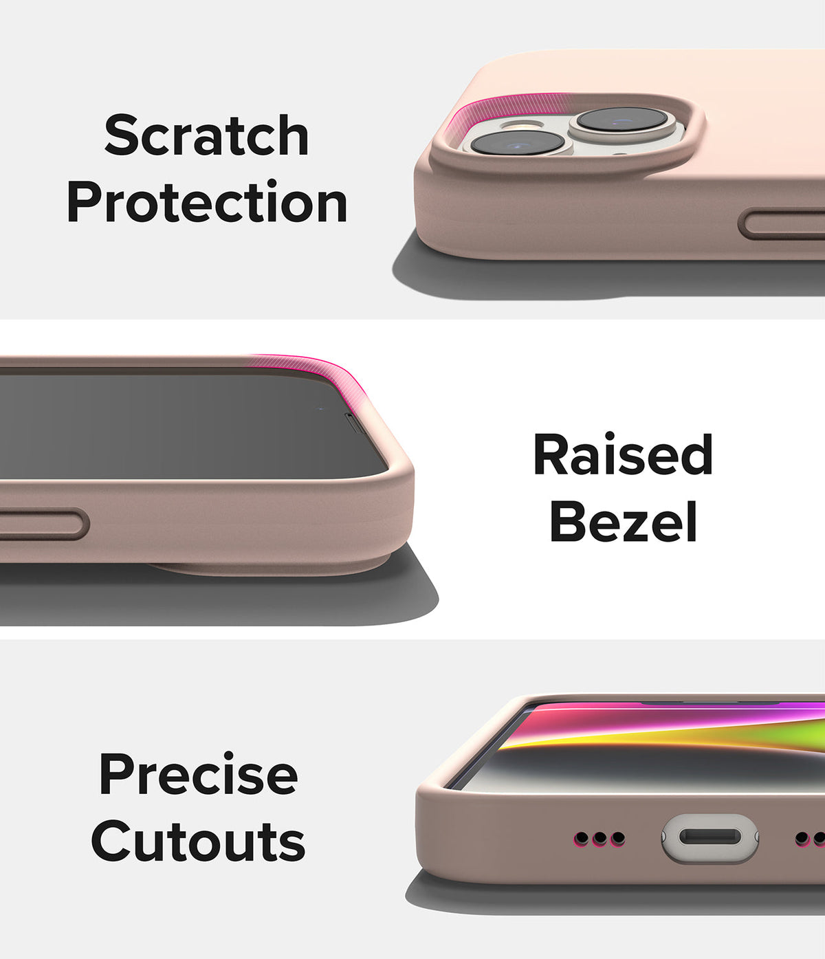 iPhone 14 Case | Silicone - Three panels showing pink silicone case features: camera protection, raised screen bezel, and port cutouts.
