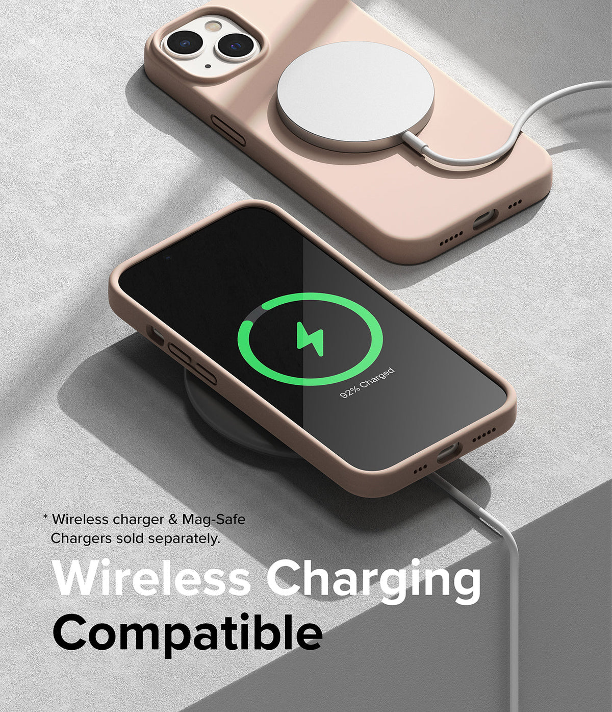iPhone 14 Case | Silicone - Two light pink silicone iPhone 14 cases shown charging wirelessly with MagSafe and a charging pad.