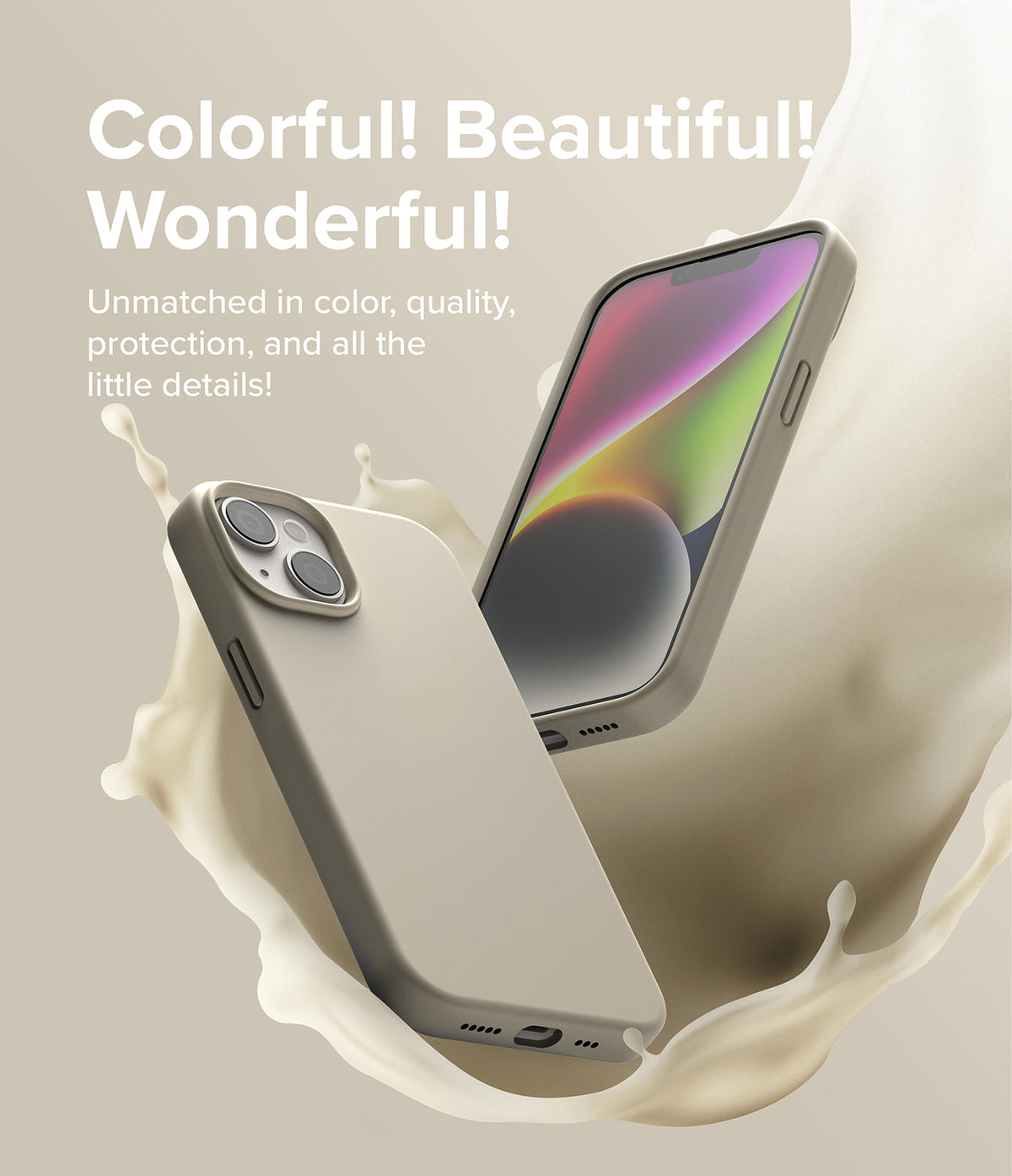 iPhone 14 Case | Silicone - Two beige silicone iPhone 14 cases floating amidst a splash of cream against a neutral background.