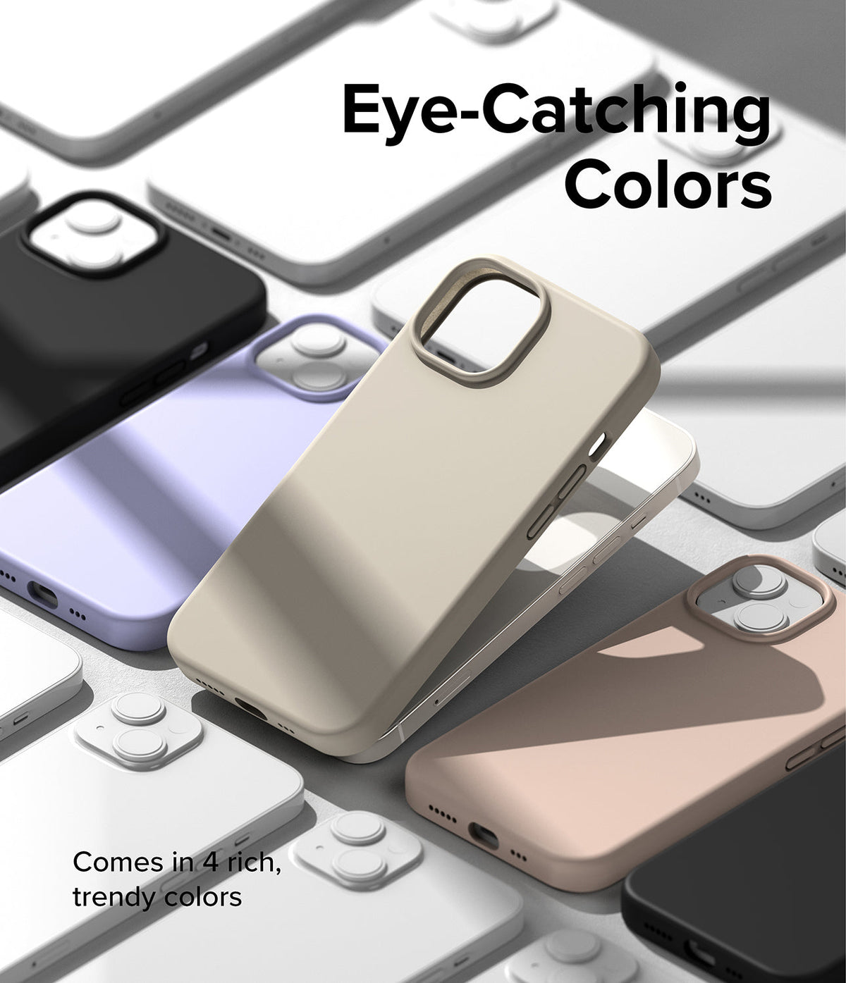 iPhone 14 Case | Silicone - Multiple iPhone 14 cases in beige, black, lavender, and pink arranged on a gray surface.