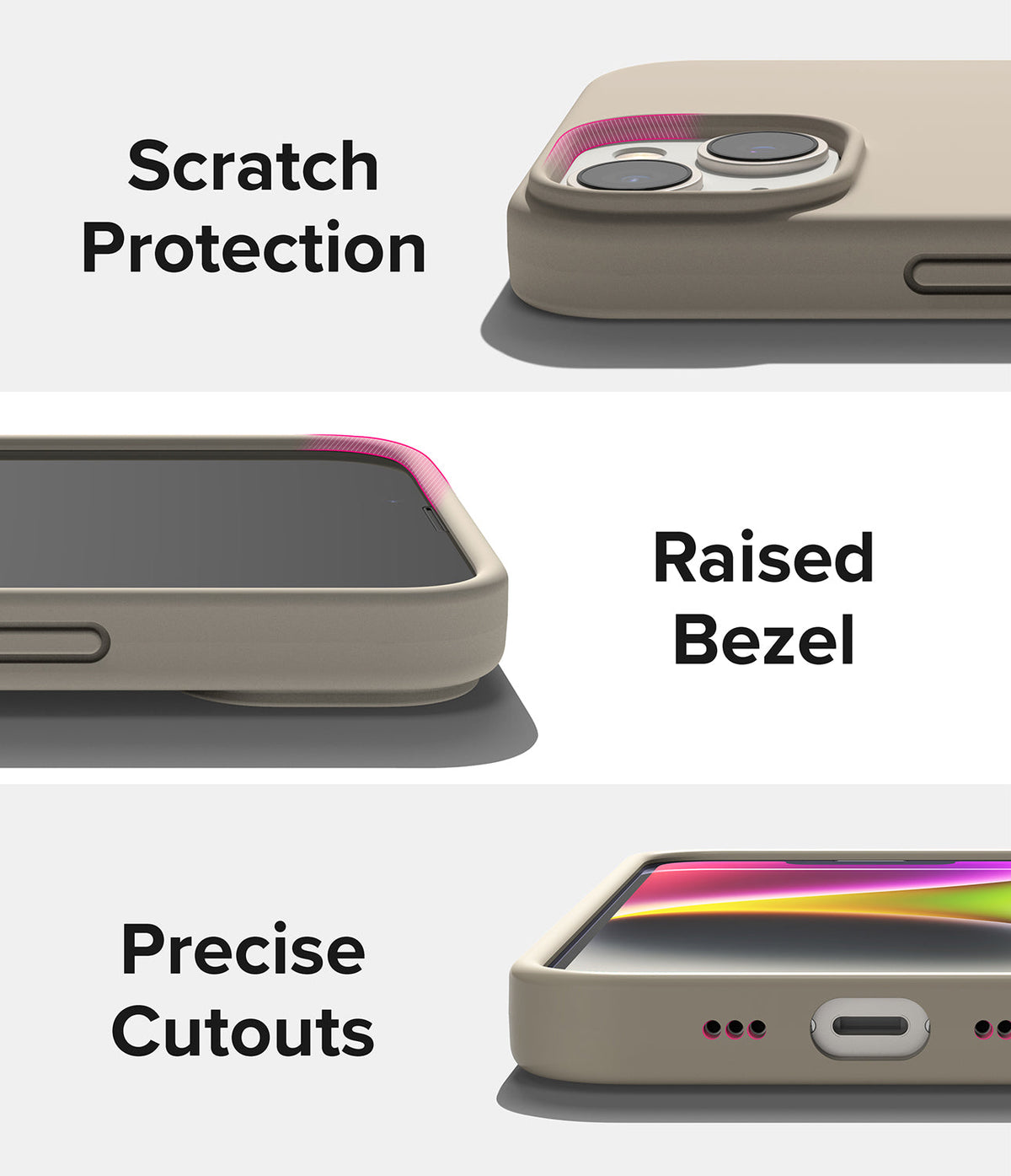 iPhone 14 Case | Silicone - Three views showing raised camera protection, screen bezel, and precise port cutouts.