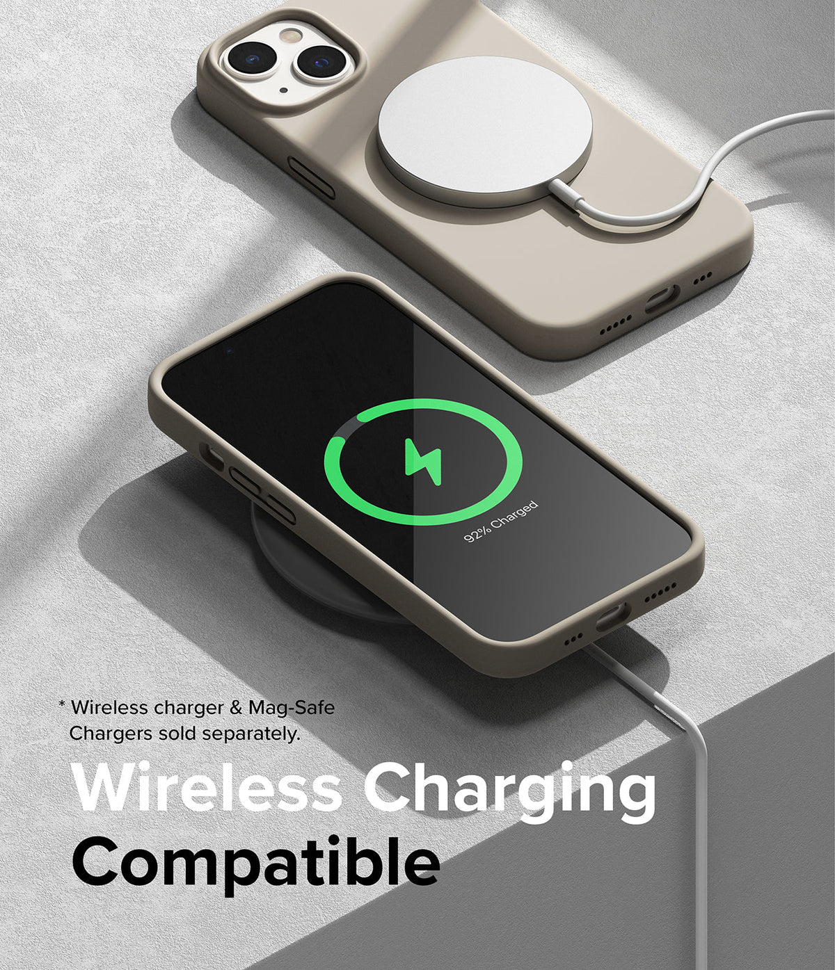 iPhone 14 Case | Silicone - Beige iPhone 14 case shown charging wirelessly with a MagSafe puck and a wireless charging pad.