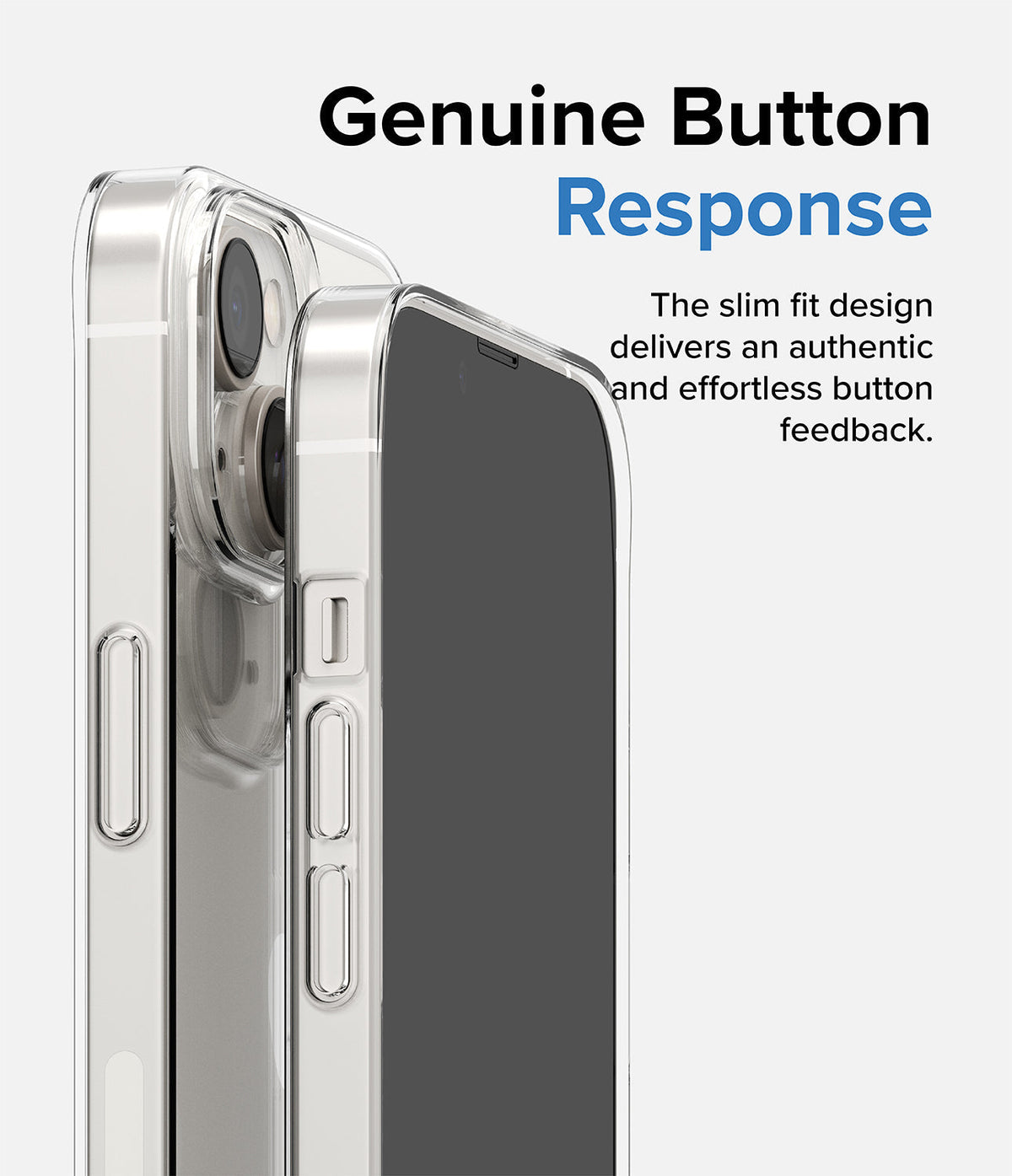 iPhone 14 Case | Slim - Clear phone case on an iPhone 14 highlighting precise button cutouts and slim design.