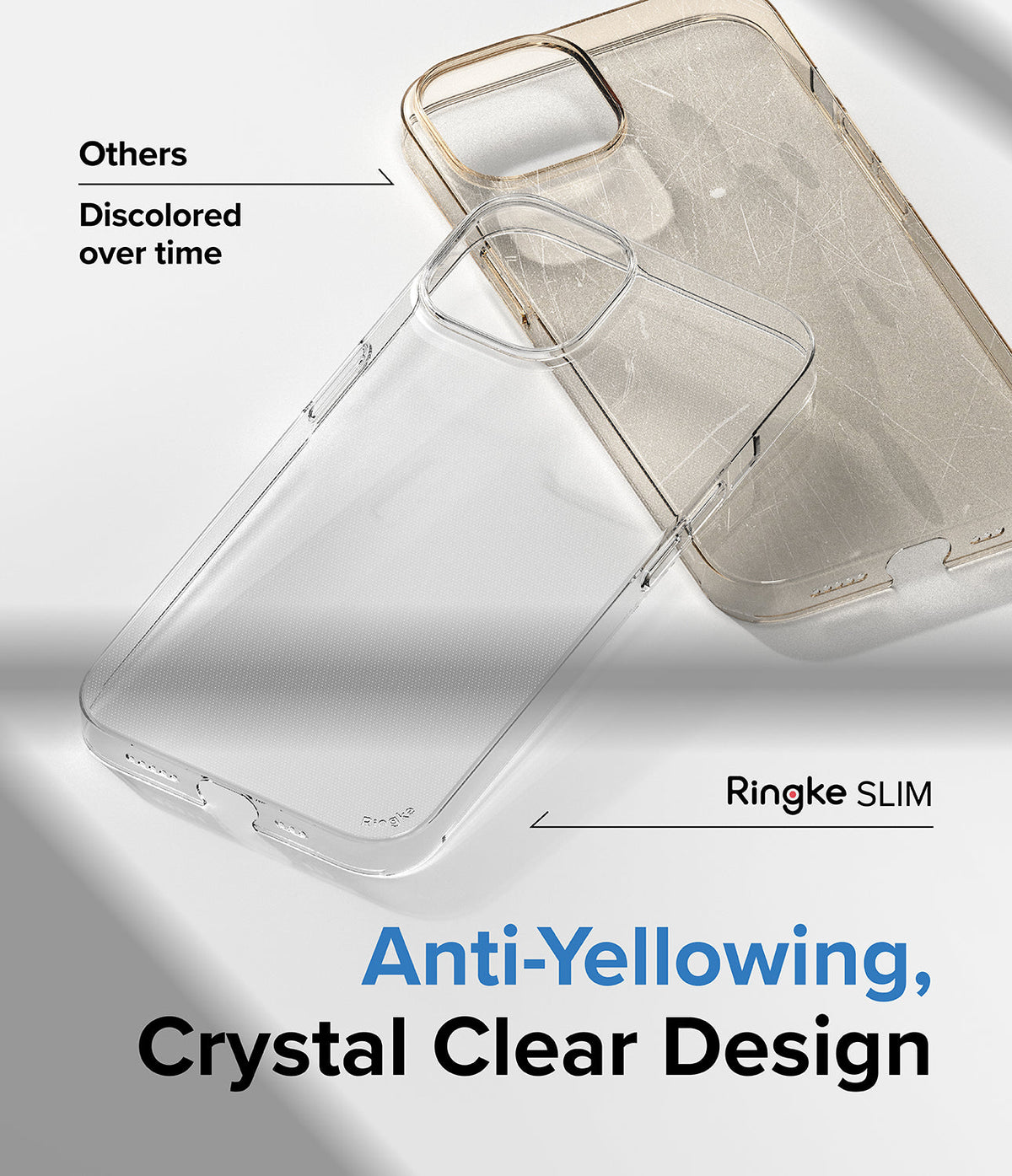 iPhone 14 Case | Slim - Comparison of a clear Ringke case versus a discolored, scratched generic phone case.