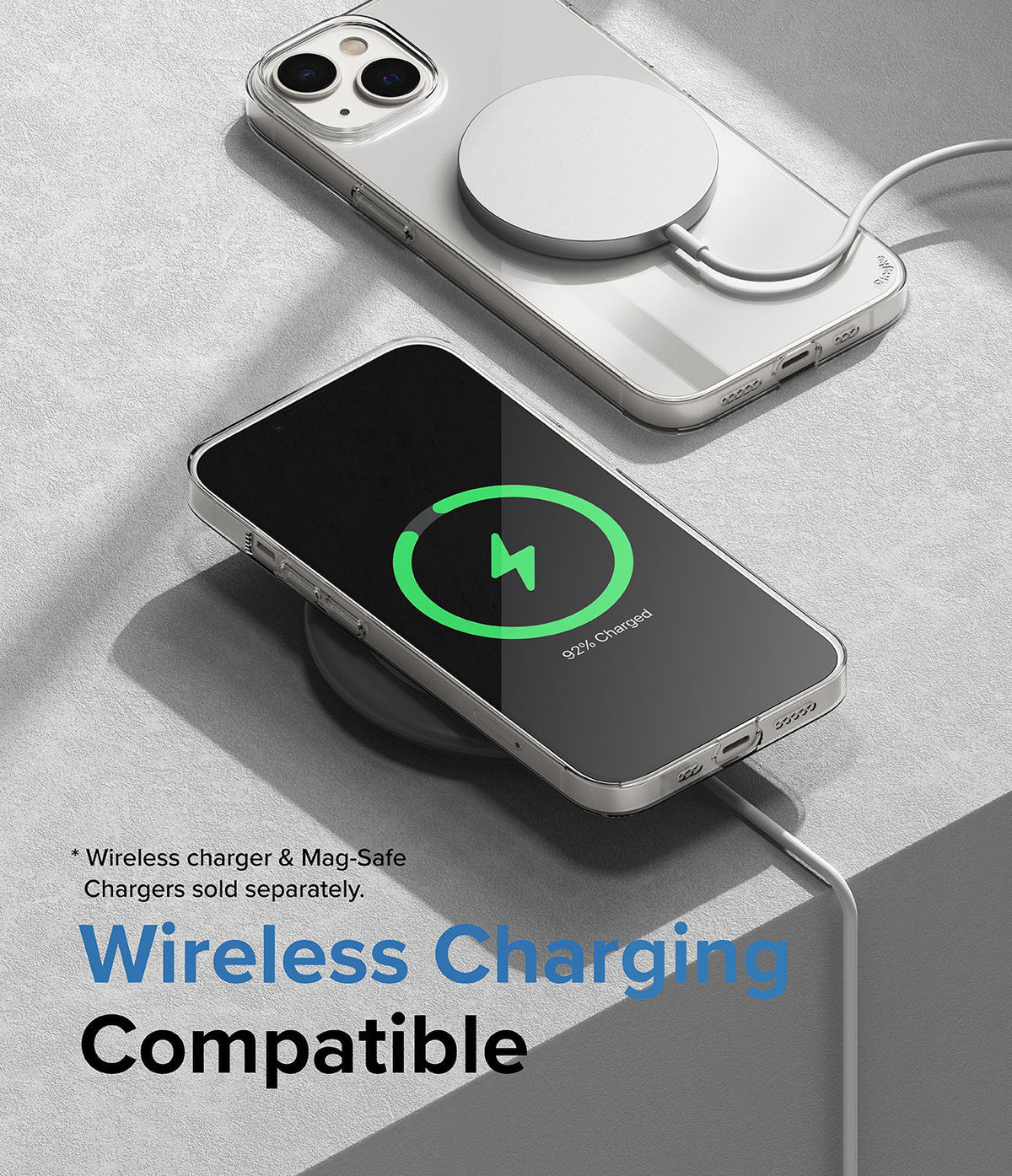 iPhone 14 Case | Slim - iPhone 14 in a clear case wirelessly charging with a MagSafe puck and a charging pad.