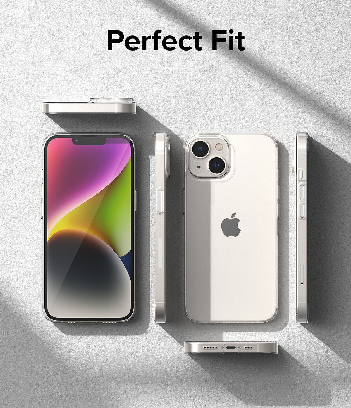 iPhone 14 Case | Slim - Clear iPhone 14 case shown from multiple angles against a textured gray background with "Perfect Fit" text.