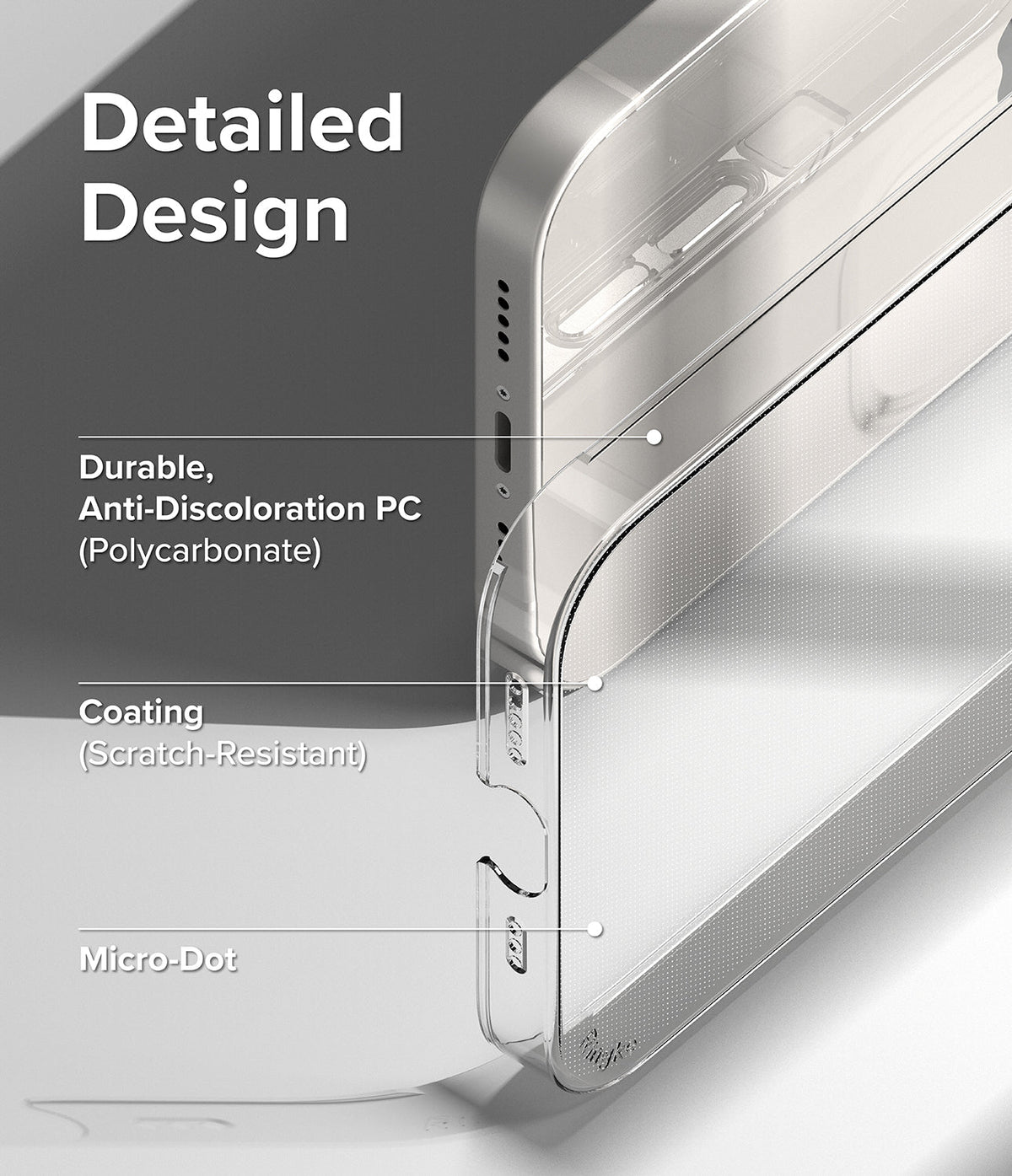 iPhone 14 Case | Slim - Close-up of a clear iPhone case highlighting polycarbonate material, scratch-resistant coating, and micro-dots.