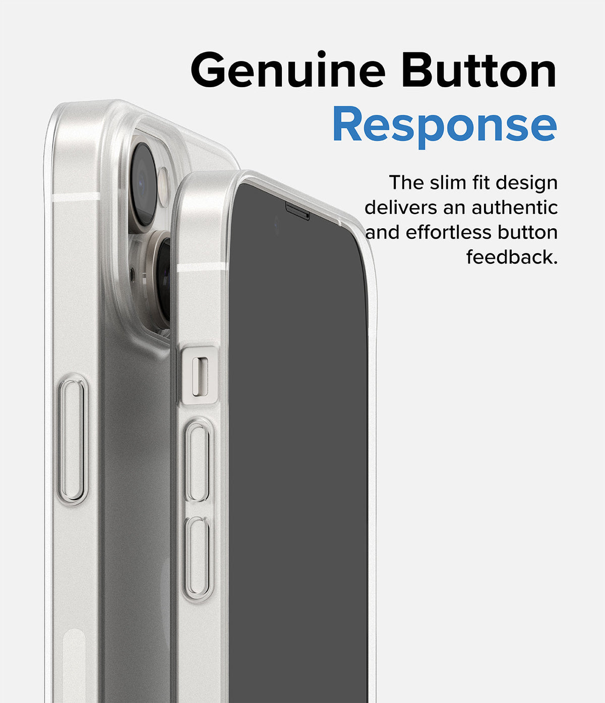 iPhone 14 Case | Slim - Close-up of a clear phone case on an iPhone 14 highlighting the tactile, responsive side buttons.