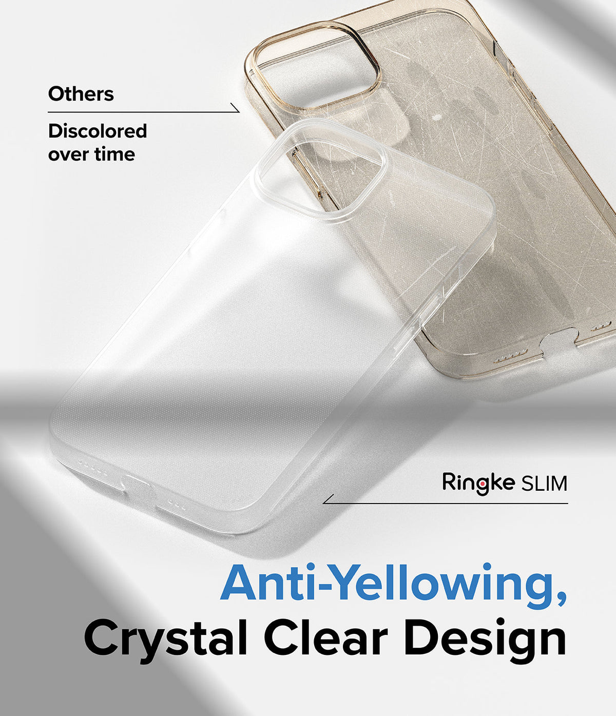 iPhone 14 Case | Slim - Comparison of a clear Ringke case and a discolored, scratched generic phone case.