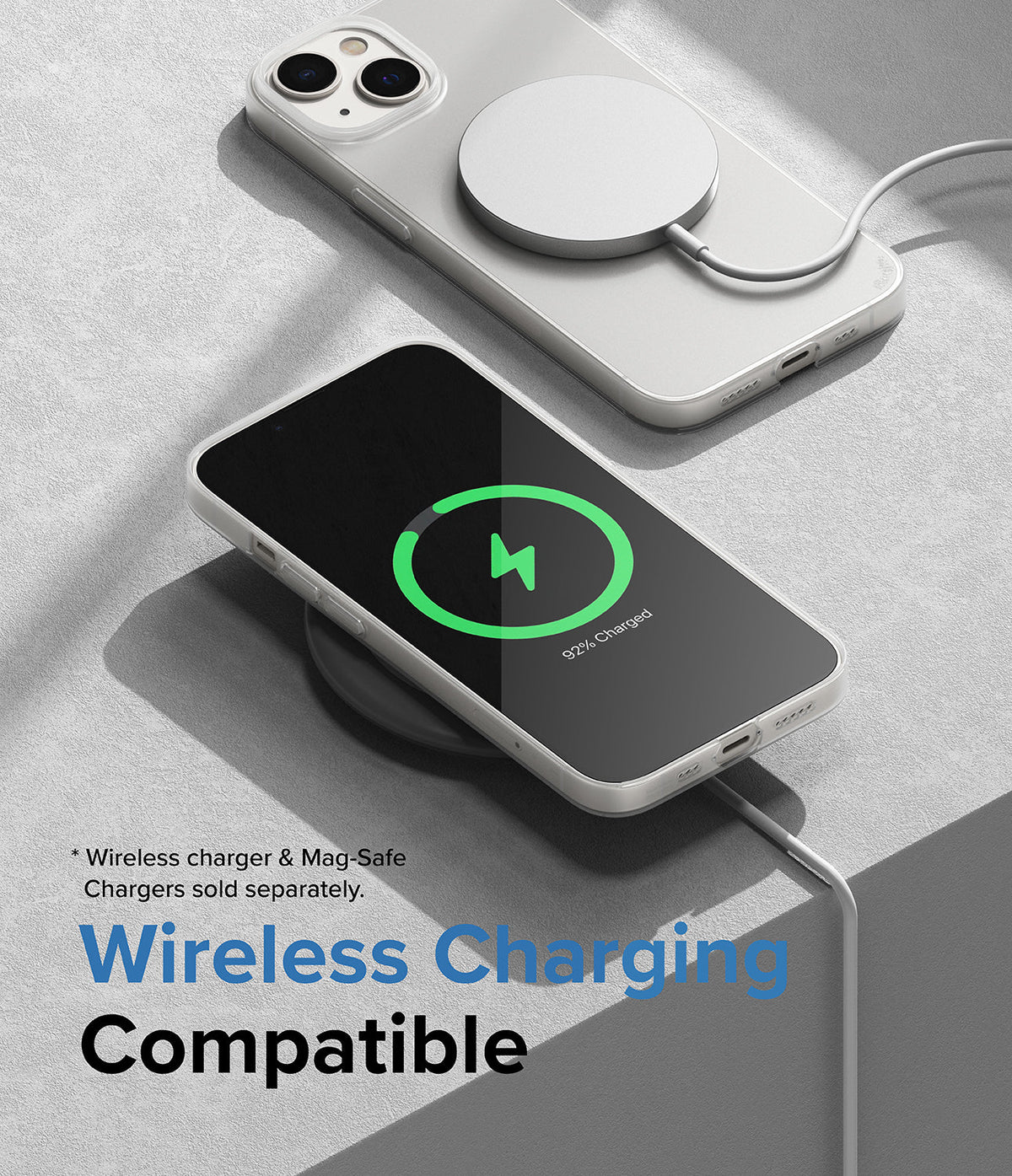 iPhone 14 Case | Slim - iPhone 14 in a slim case charging wirelessly with a MagSafe puck and a wireless charging pad.