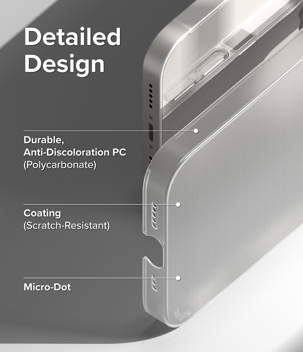 iPhone 14 Case | Slim - Close-up of a clear phone case highlighting anti-discoloration, scratch-resistant coating, and micro-dots.