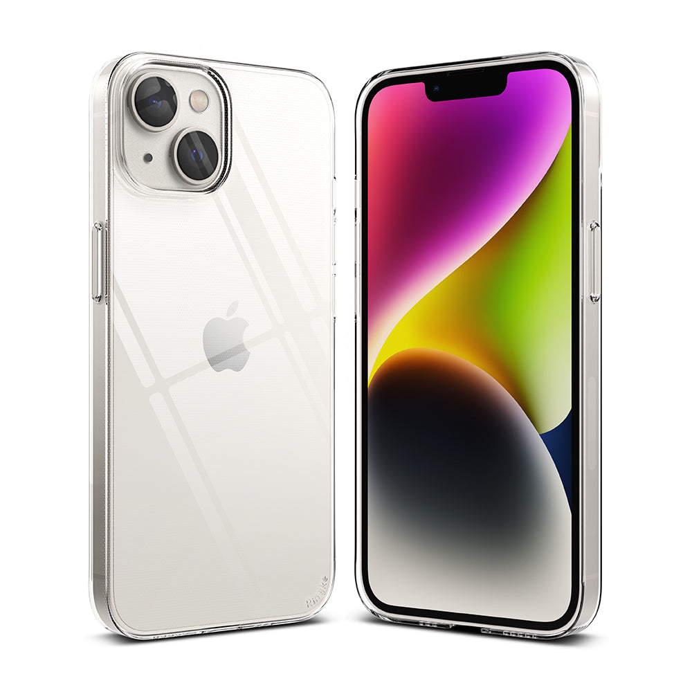 iPhone 14 Case | Slim - Front and back views of a clear, slim protective case on an iPhone 14 with a colorful screen.