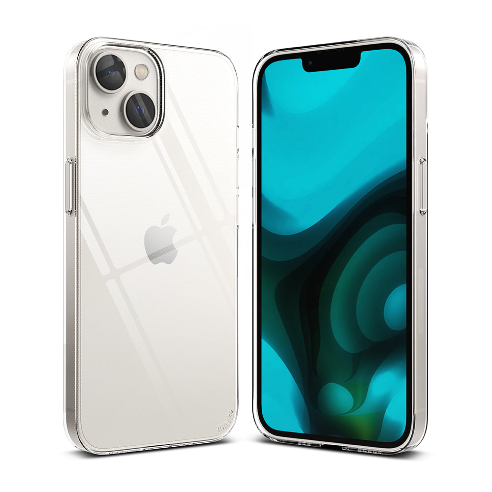 iPhone 14 Plus Case | Slim - Clear protective case shown from front and back on an iPhone 14 Plus with a blue screen.
