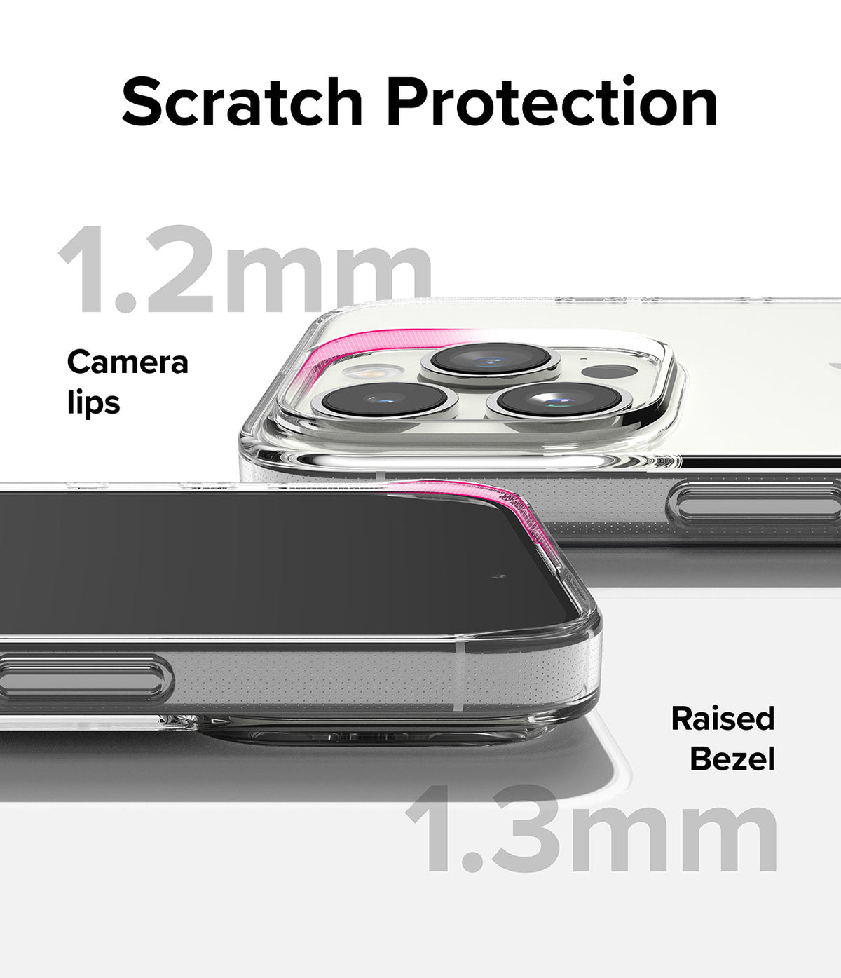 iPhone 15 Pro Max Case | Air - Clear phone case showing 1.2mm camera lips and 1.3mm raised screen bezel for scratch protection.